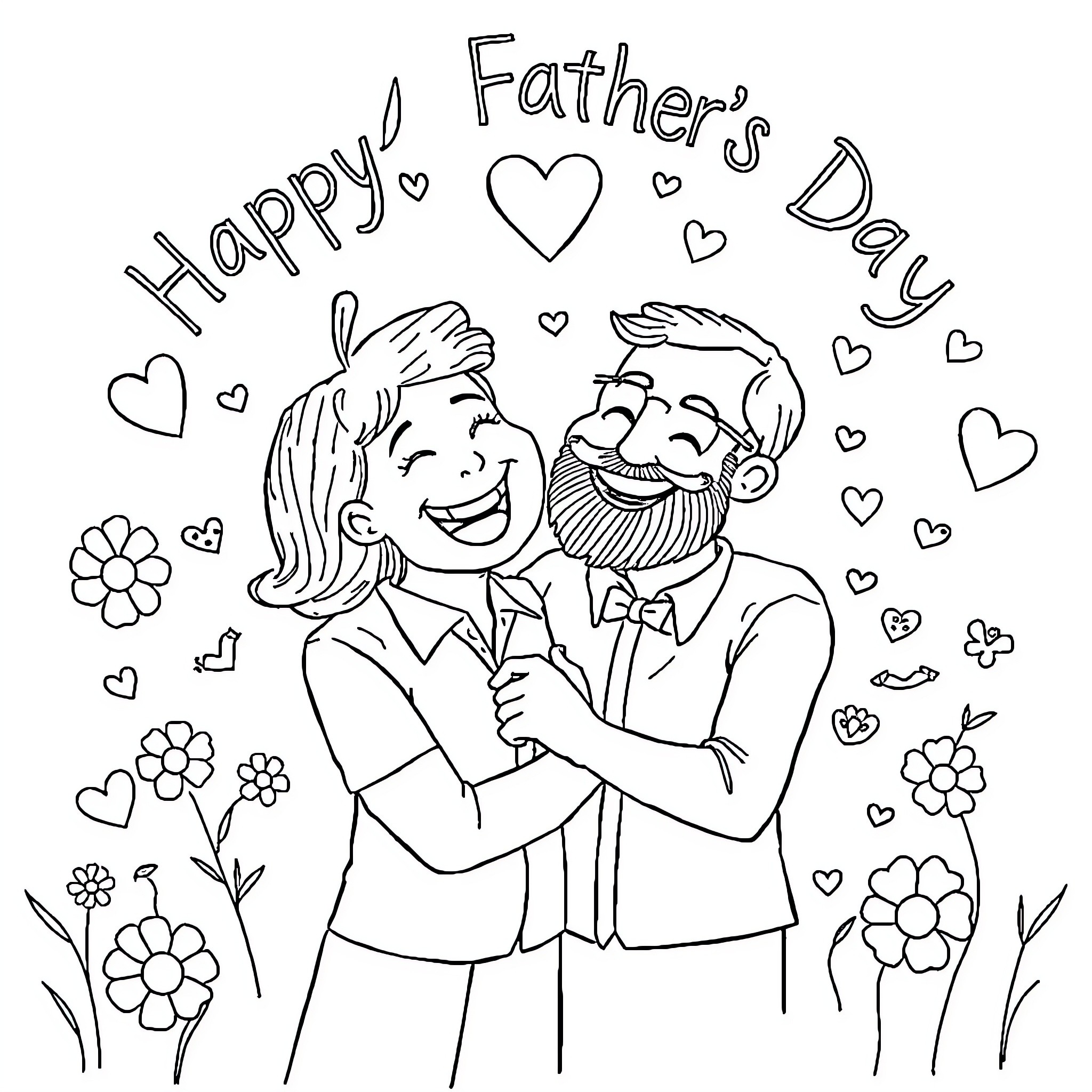 Father's Day Celebration with Loving Embrace Coloring Page (free black-and-white line drawing printable PDF for all, from beginners to advanced learners, including children, teens, adults, and seniors)