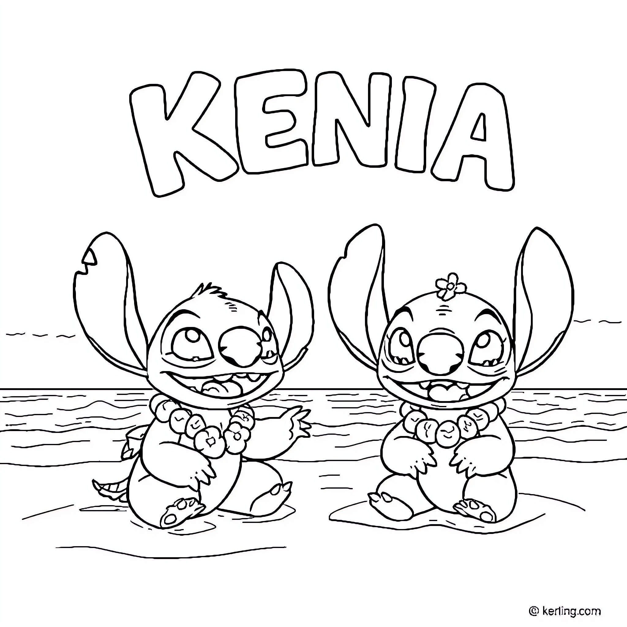 Lilo's playful adventure with Stitch on the beach Coloring Page (free black-and-white line drawing printable PDF for all, from beginners to advanced learners, including children, teens, adults, and seniors)