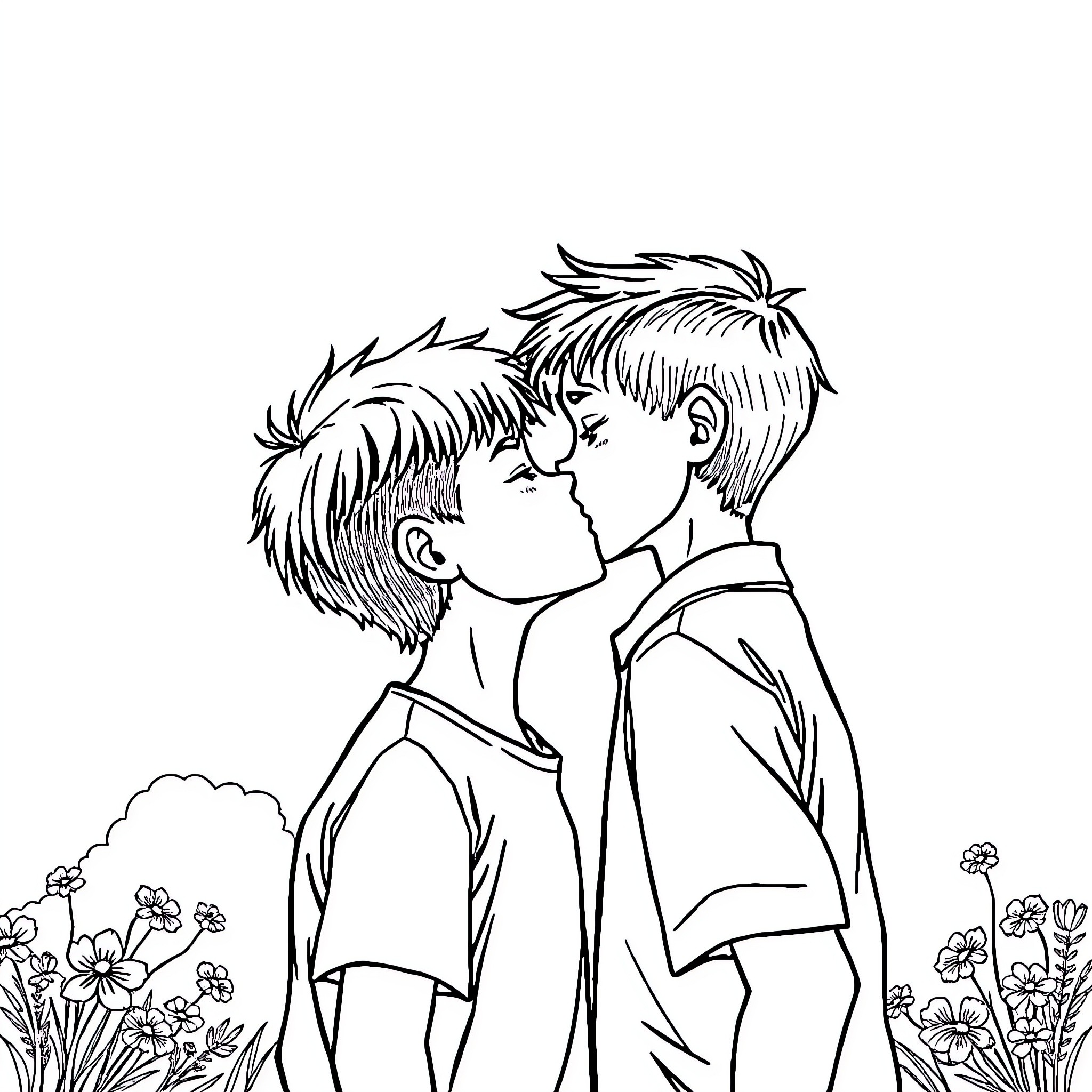Boy and Girl Sharing Tender Moment in Nature Coloring Page (free black-and-white line drawing printable PDF for all, from beginners to advanced learners, including children, teens, adults, and seniors)