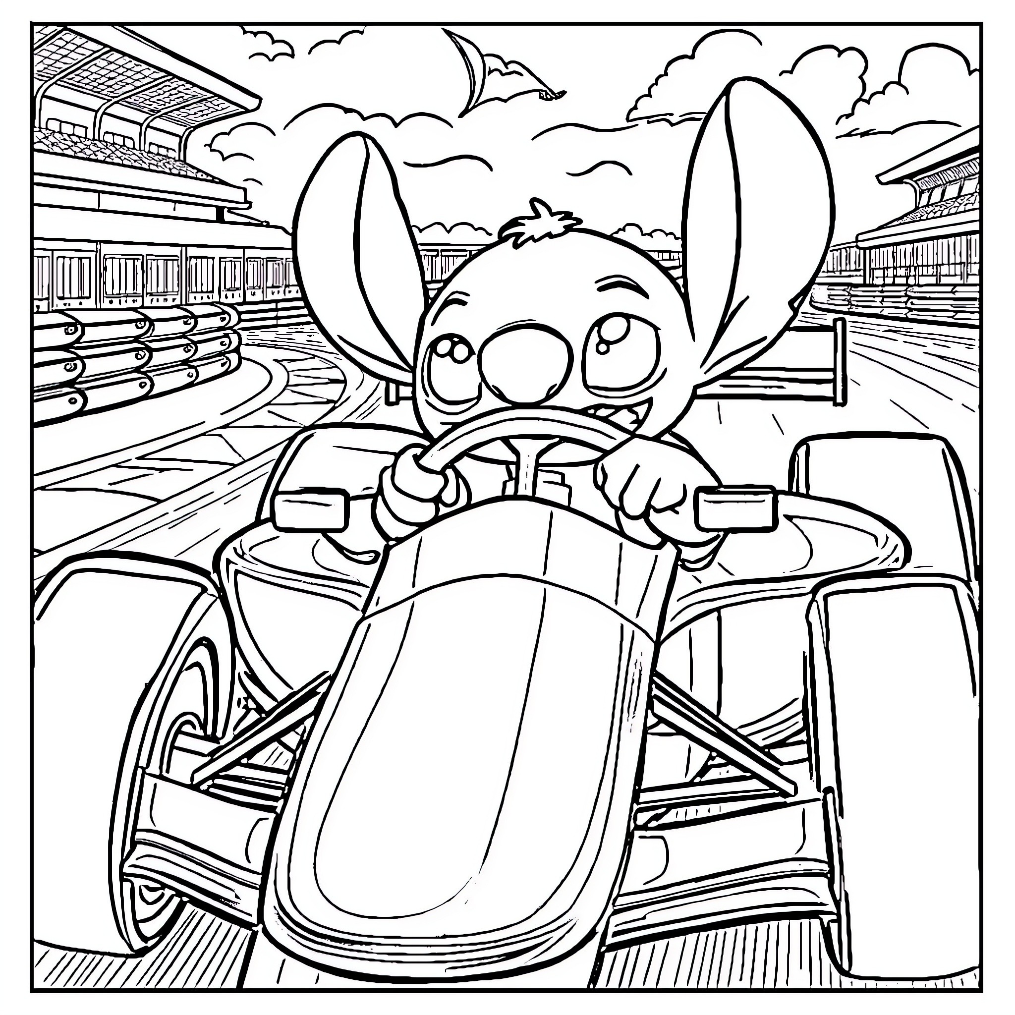 Stitch racing on a go-kart through the city Coloring Page (free black-and-white line drawing printable PDF for all, from beginners to advanced learners, including children, teens, adults, and seniors)