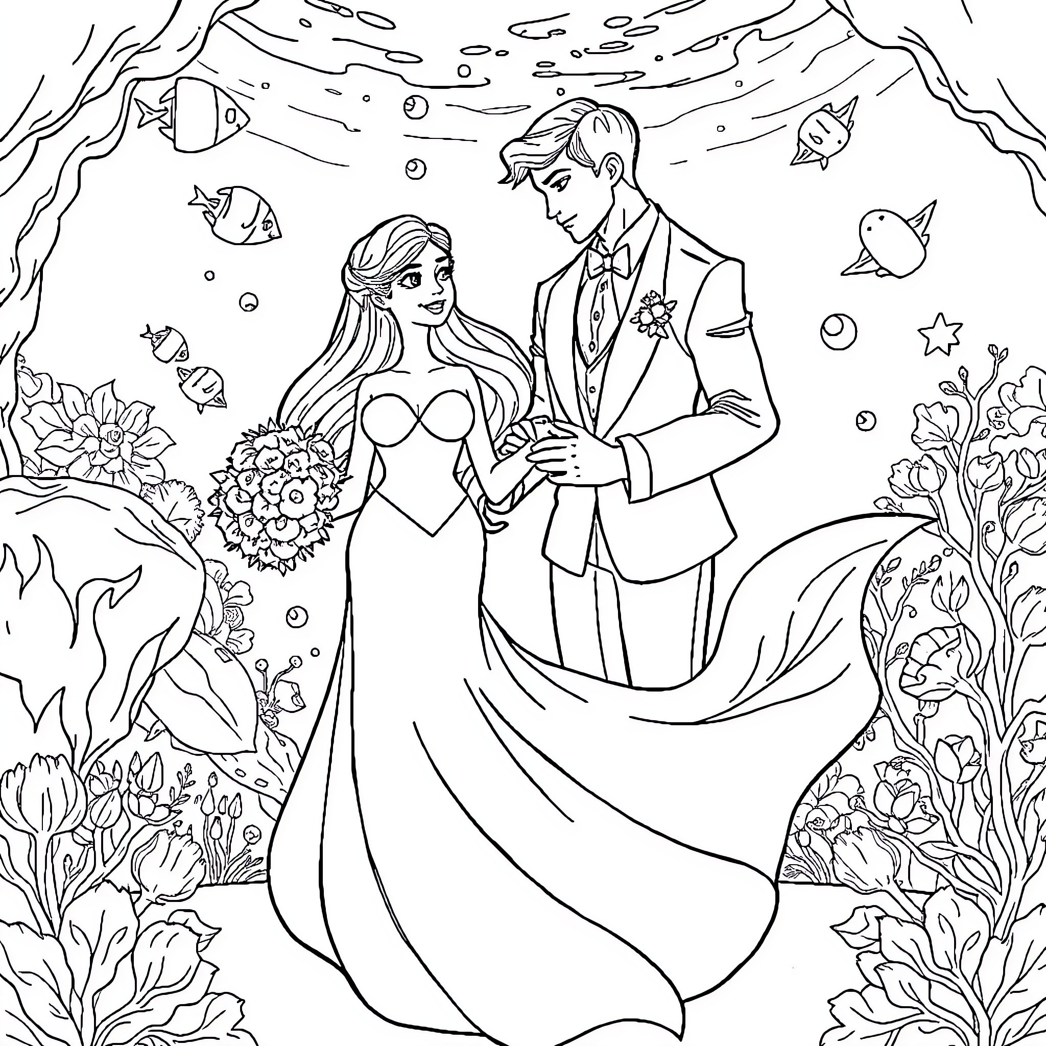 Mermaid Wedding Celebration in Underwater Garden Coloring Page (free black-and-white line drawing printable PDF for all, from beginners to advanced learners, including children, teens, adults, and seniors)