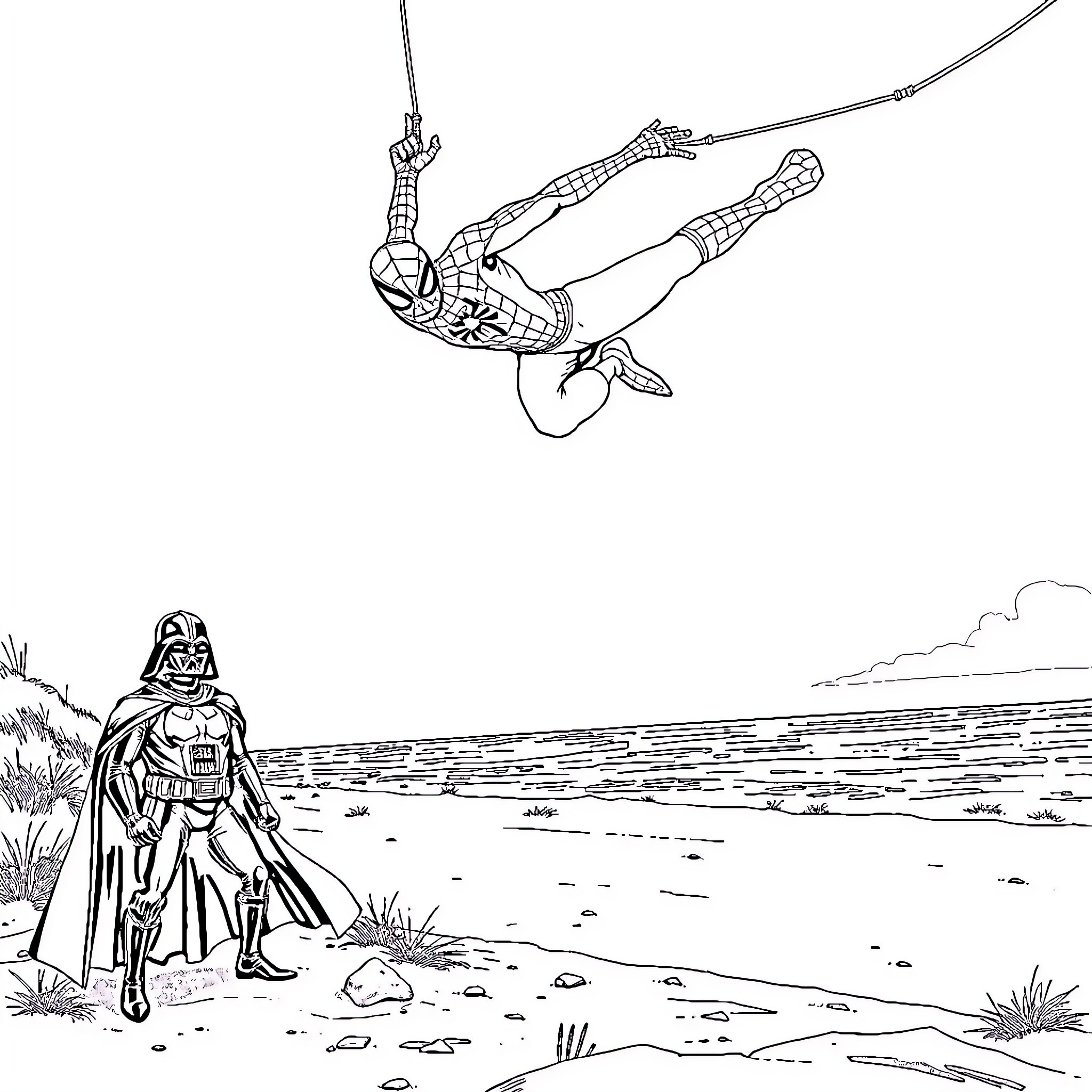 Spider-Man swinging through the air with Darth Vader on beach Coloring Page (free black-and-white line drawing printable PDF for all, from beginners to advanced learners, including children, teens, adults, and seniors)