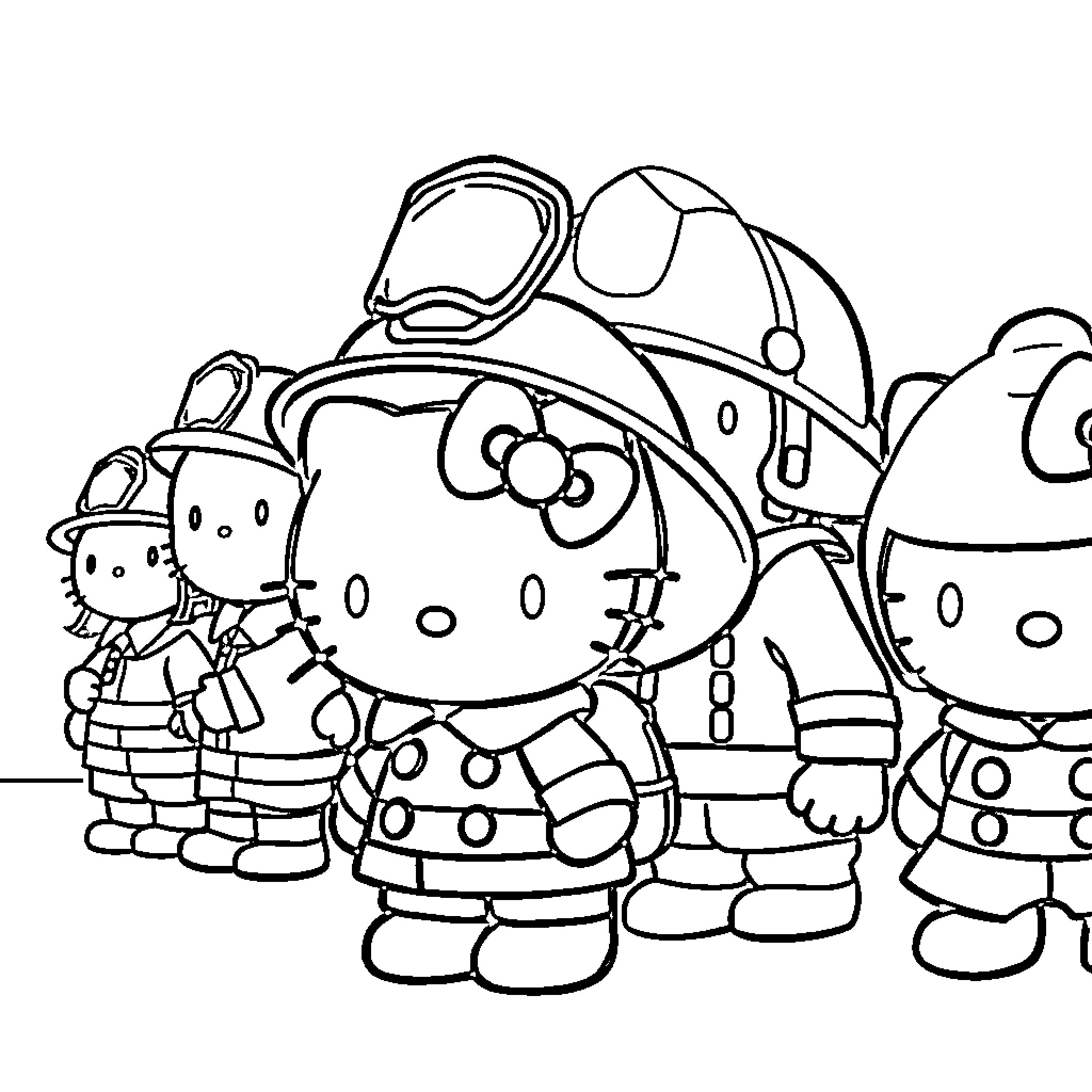 Hello Kitty and Friends in Costumes Coloring Page (free black-and-white line drawing printable PDF for all, from beginners to advanced learners, including children, teens, adults, and seniors)