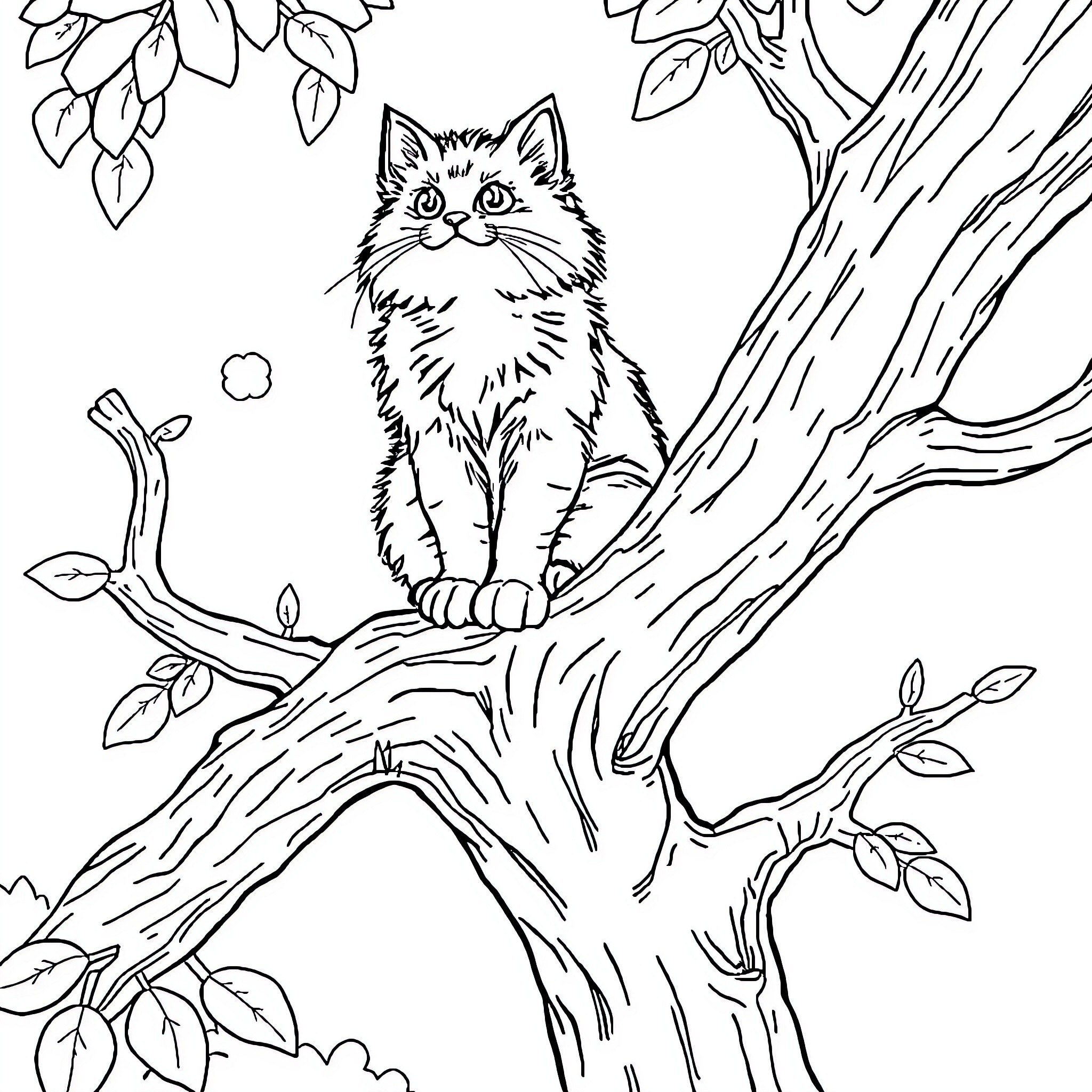 Cat perched on tree branch in natural setting Coloring Page (free black-and-white line drawing printable PDF for all, from beginners to advanced learners, including children, teens, adults, and seniors)