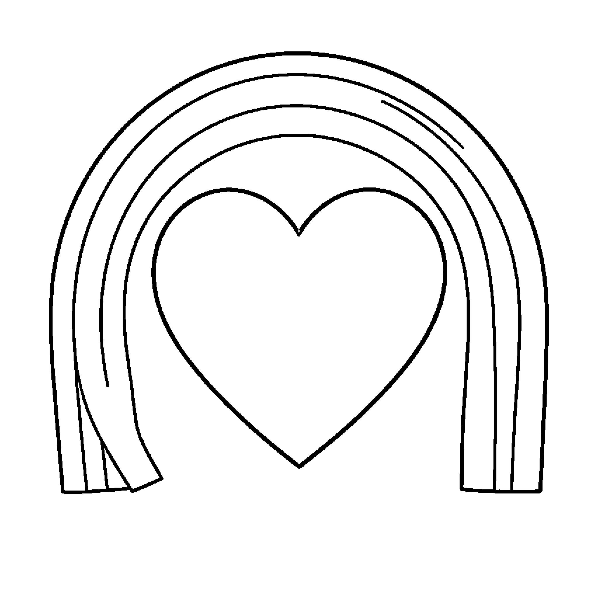 Heart centered within a large rainbow arc Coloring Page (free black-and-white line drawing printable PDF for all, from beginners to advanced learners, including children, teens, adults, and seniors)