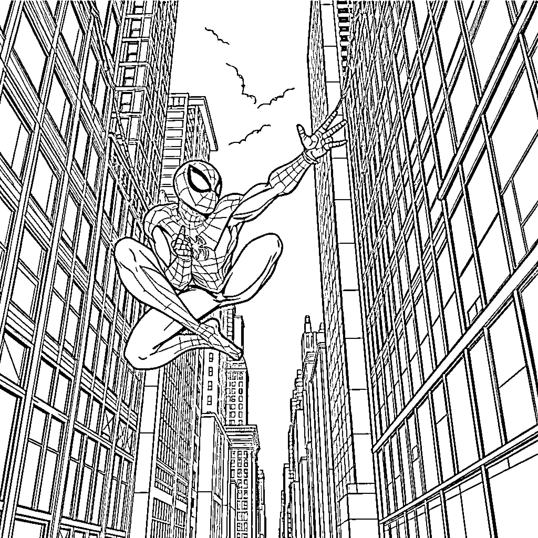 Spider-Man swinging through the city skyline Coloring Page (free black-and-white line drawing printable PDF for all, from beginners to advanced learners, including children, teens, adults, and seniors)