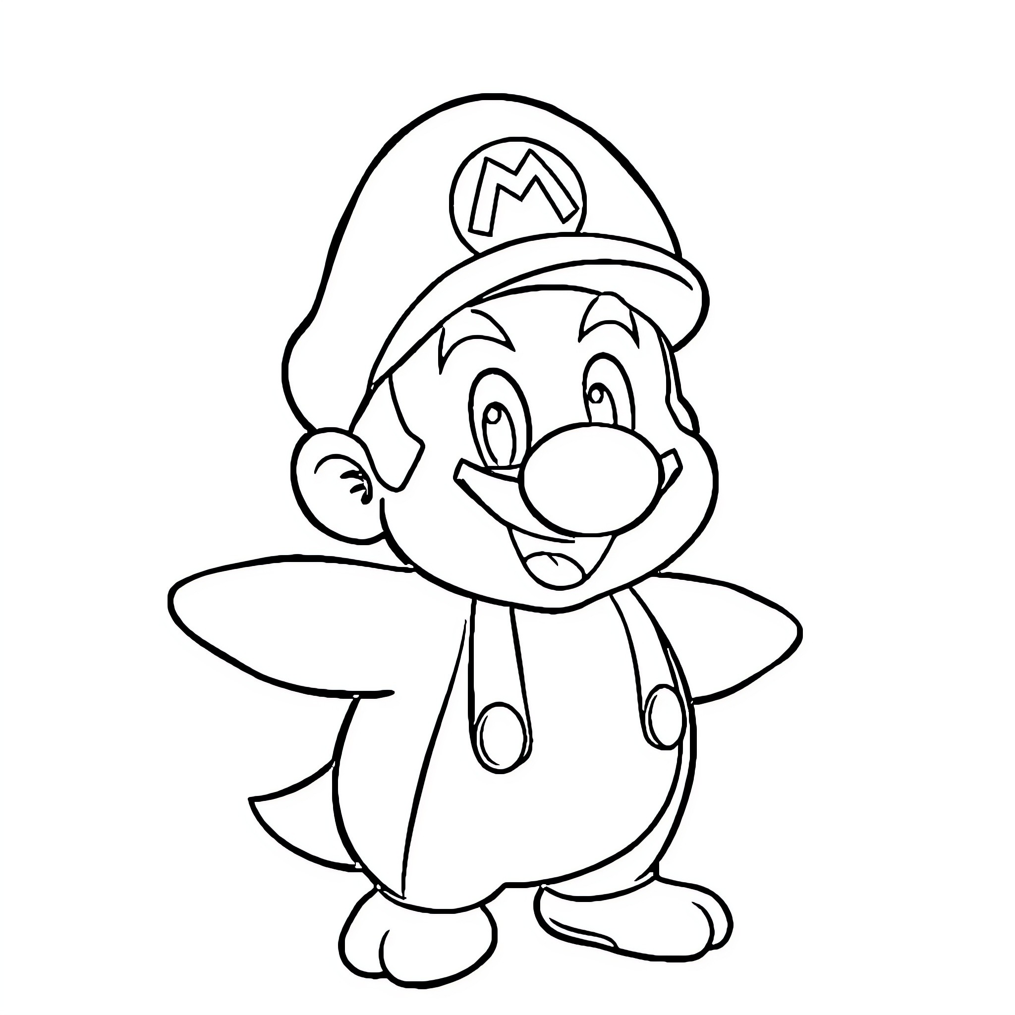 Super Mario Plumber Happily Smiling Coloring Page (free black-and-white line drawing printable PDF for all, from beginners to advanced learners, including children, teens, adults, and seniors)