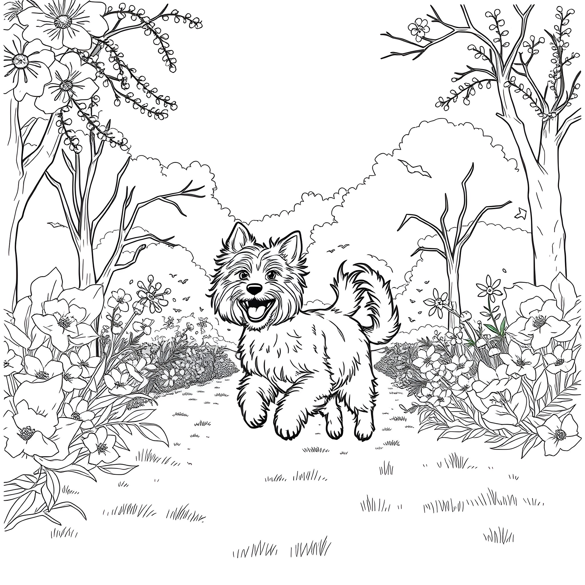 Silky Terrier enjoying a lush garden Coloring Page (free black-and-white line drawing printable PDF for all, from beginners to advanced learners, including children, teens, adults, and seniors)