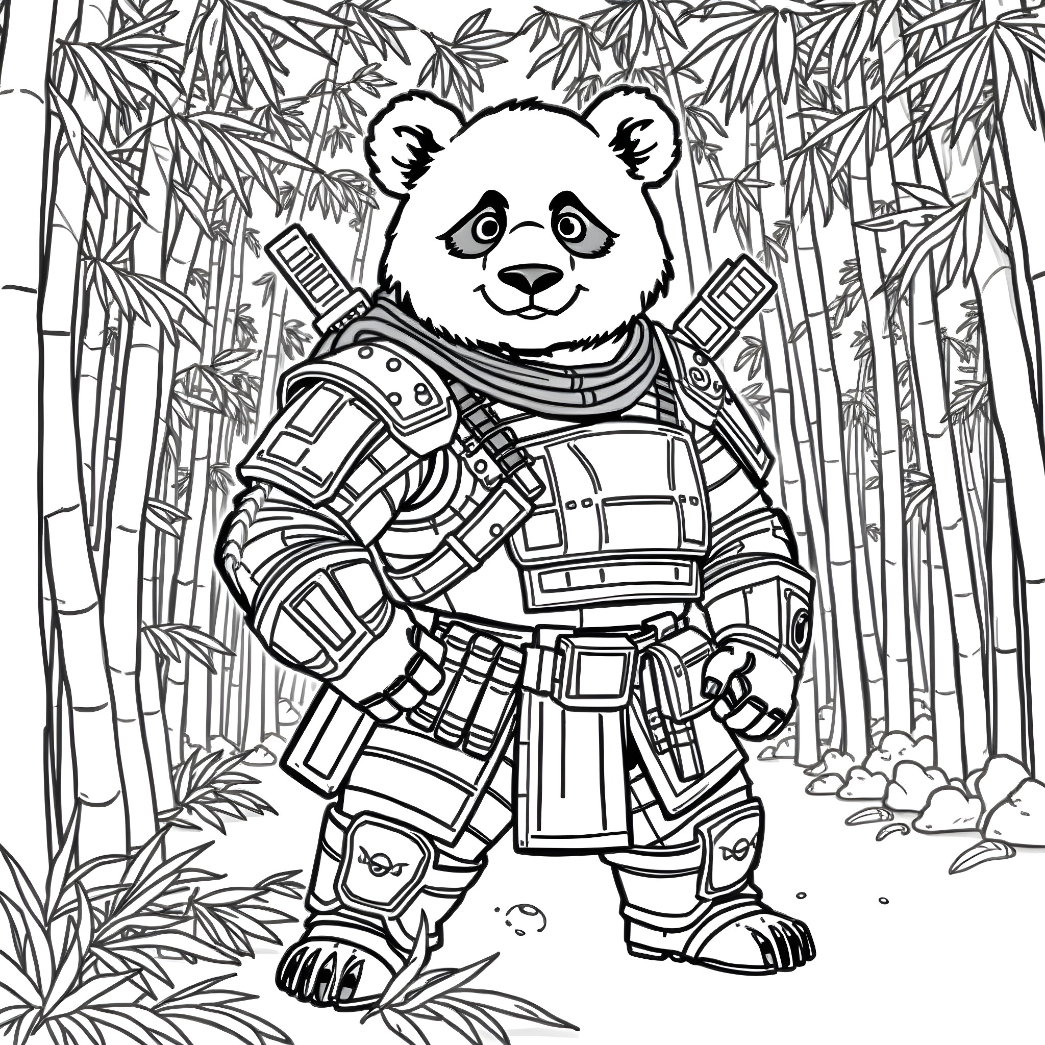 Panda warrior in bamboo forest Coloring Page (free black-and-white line drawing printable PDF for all, from beginners to advanced learners, including children, teens, adults, and seniors)