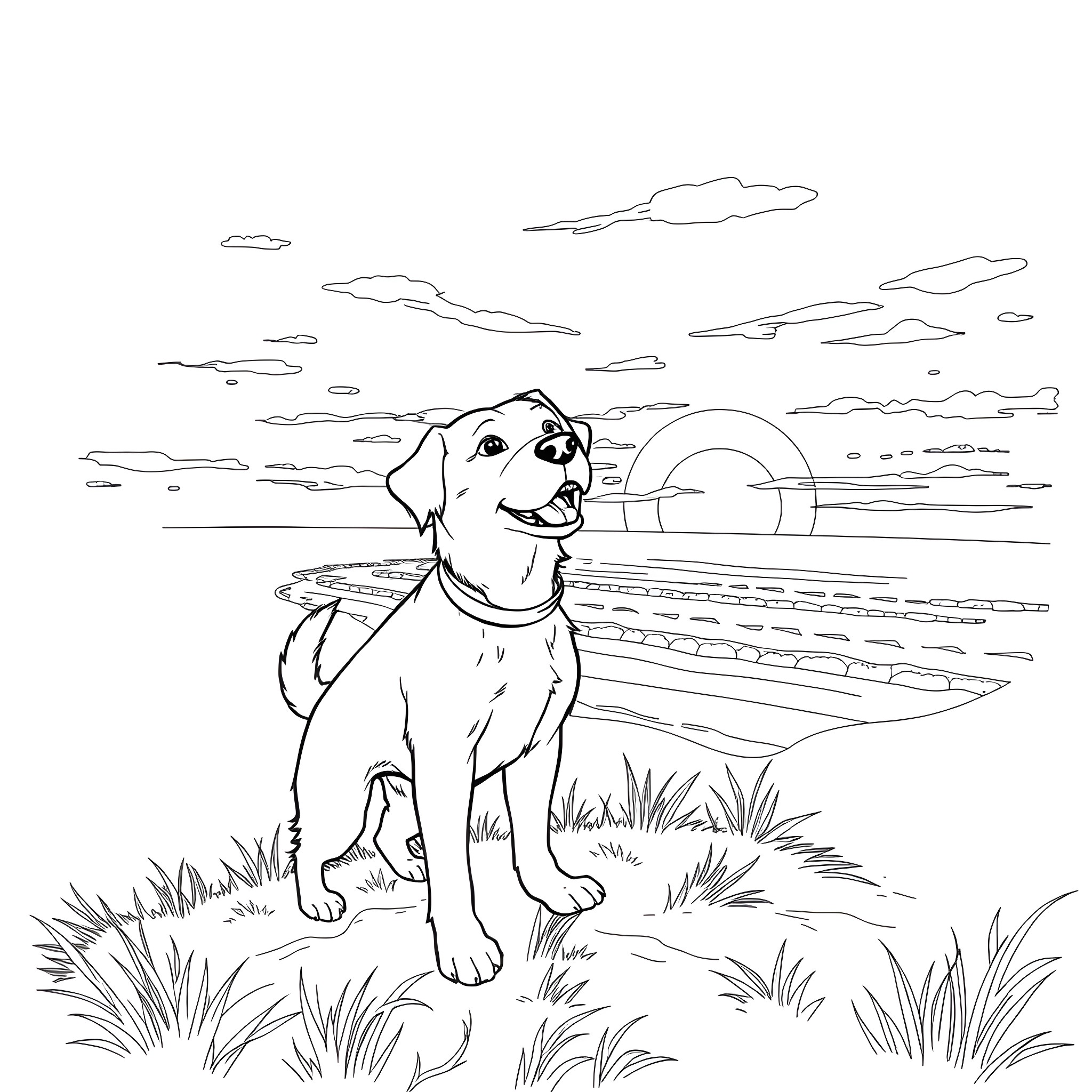 Dog enjoying sunset at the beach Coloring Page (free black-and-white line drawing printable PDF for all, from beginners to advanced learners, including children, teens, adults, and seniors)