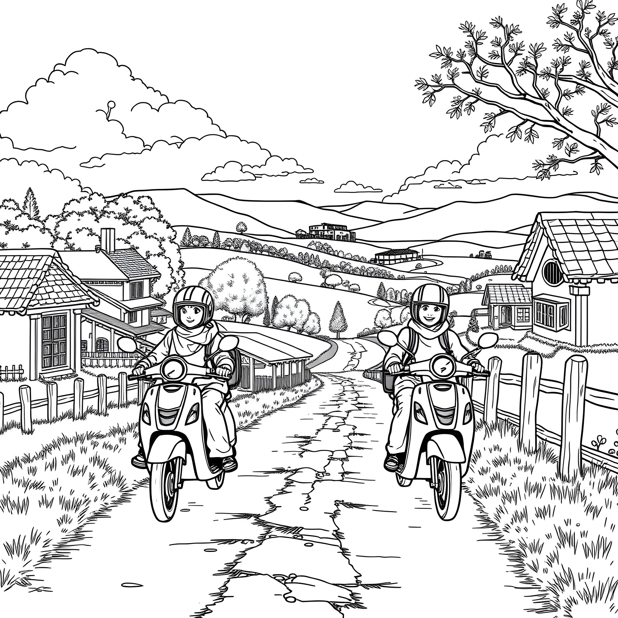 Peasant Riders on Motorcycles in the Countryside Coloring Page (free black-and-white line drawing printable PDF for all, from beginners to advanced learners, including children, teens, adults, and seniors)
