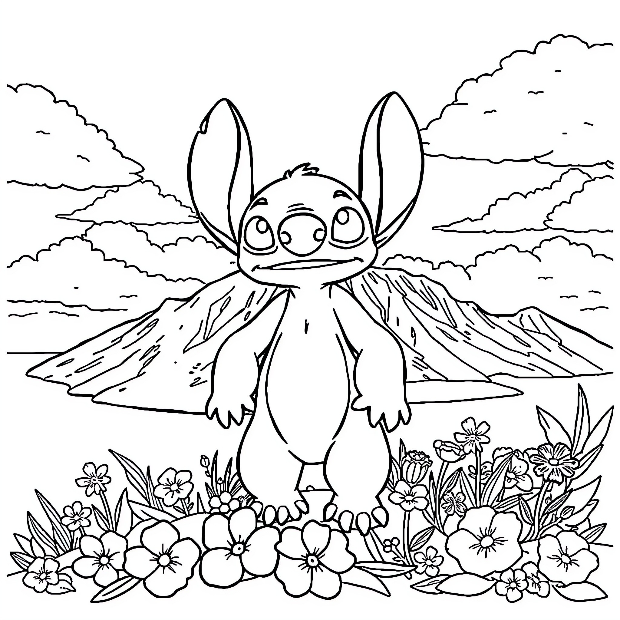 Stitch posing in a scenic mountain landscape Coloring Page (free black-and-white line drawing printable PDF for all, from beginners to advanced learners, including children, teens, adults, and seniors)