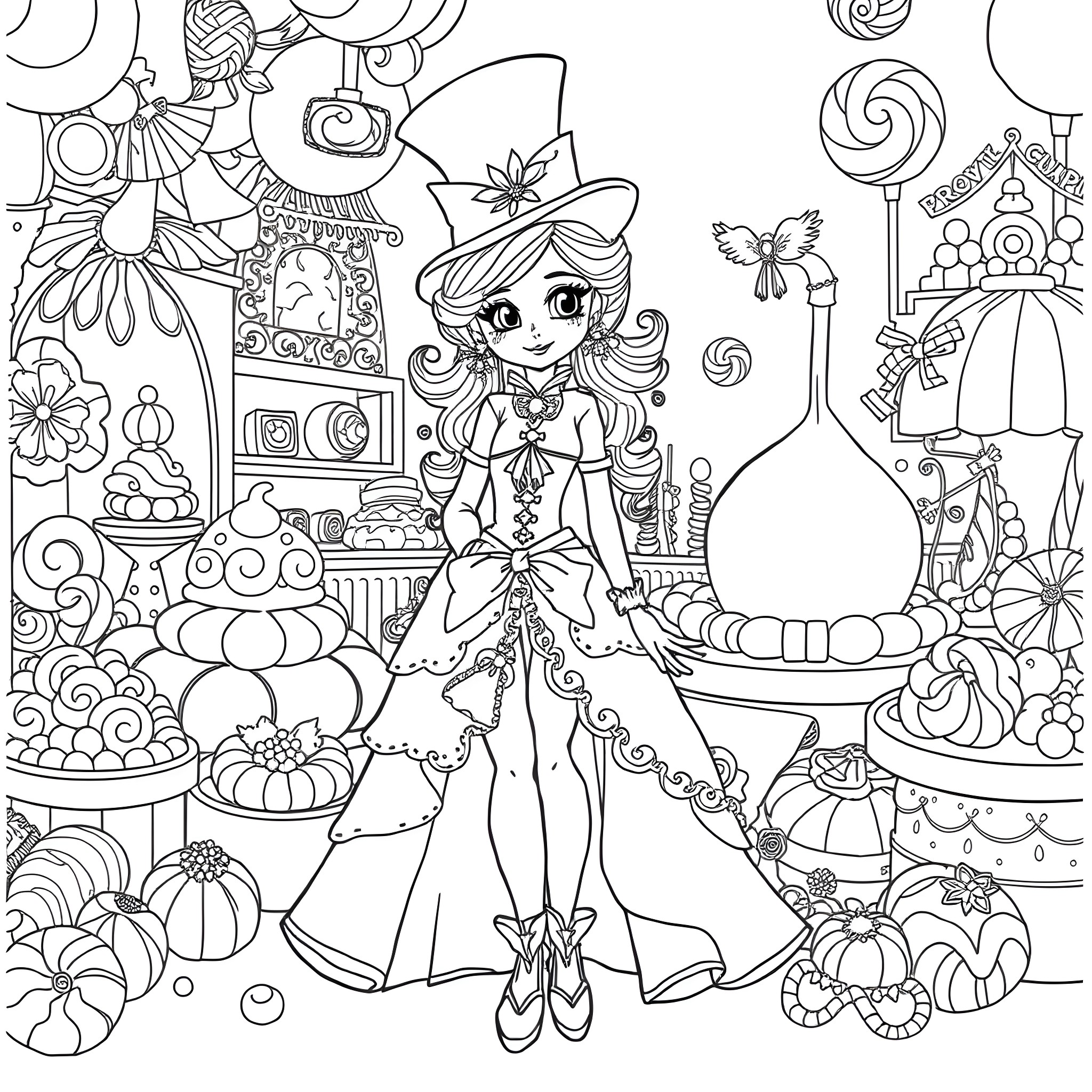 Willy Wonka-inspired Whimsical Girl in Candy-Filled Fantasy World Coloring Page (free black-and-white line drawing printable PDF for all, from beginners to advanced learners, including children, teens, adults, and seniors)