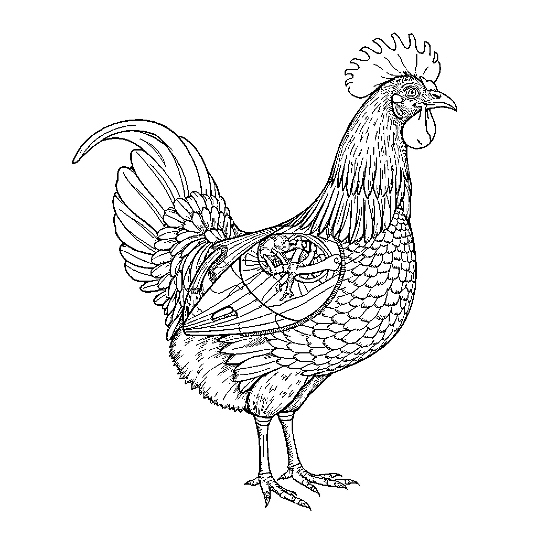 Chicken with intricate patterned feathers Coloring Page (free black-and-white line drawing printable PDF for all, from beginners to advanced learners, including children, teens, adults, and seniors)