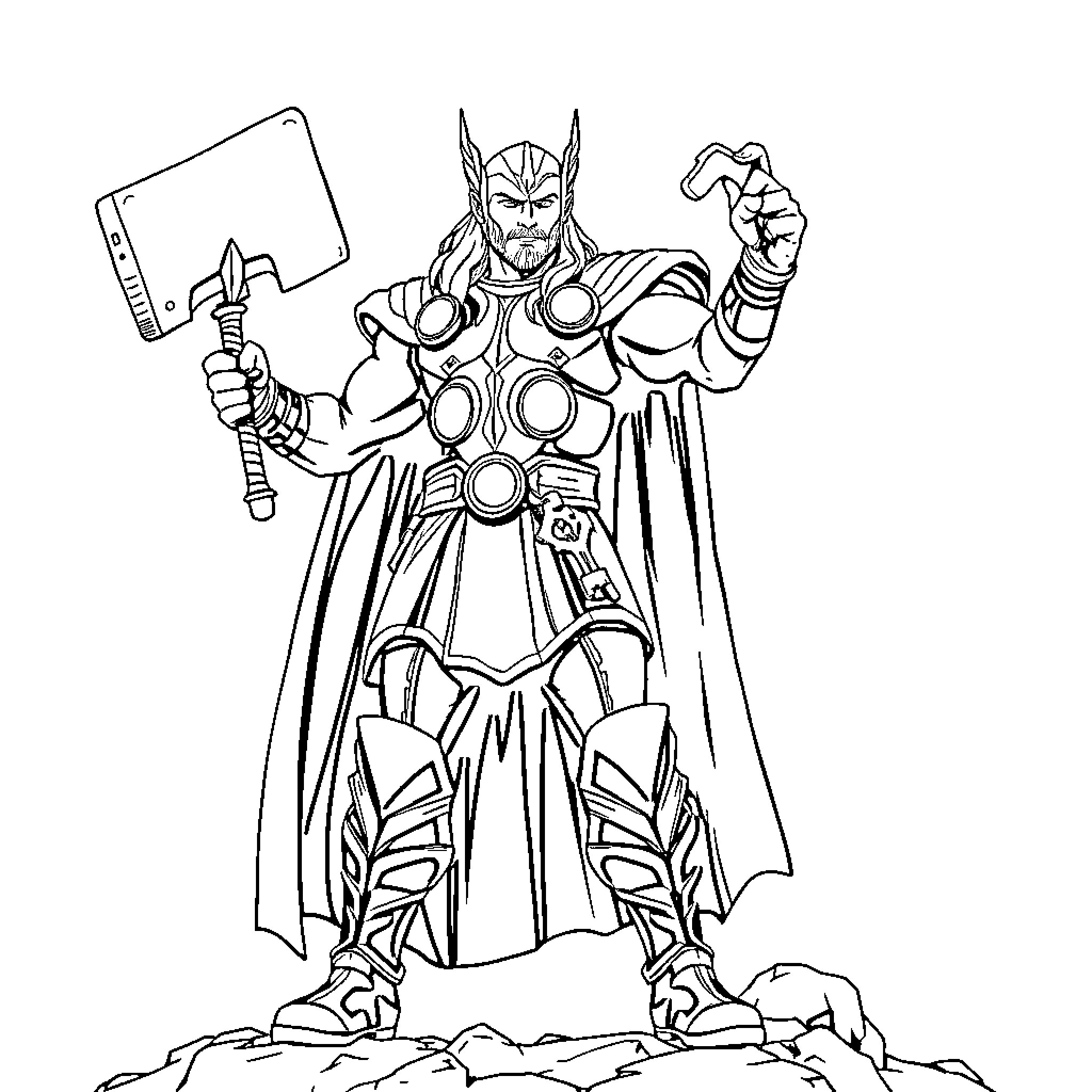 Thor wielding his hammer in action-packed attire Coloring Page (free black-and-white line drawing printable PDF for all, from beginners to advanced learners, including children, teens, adults, and seniors)