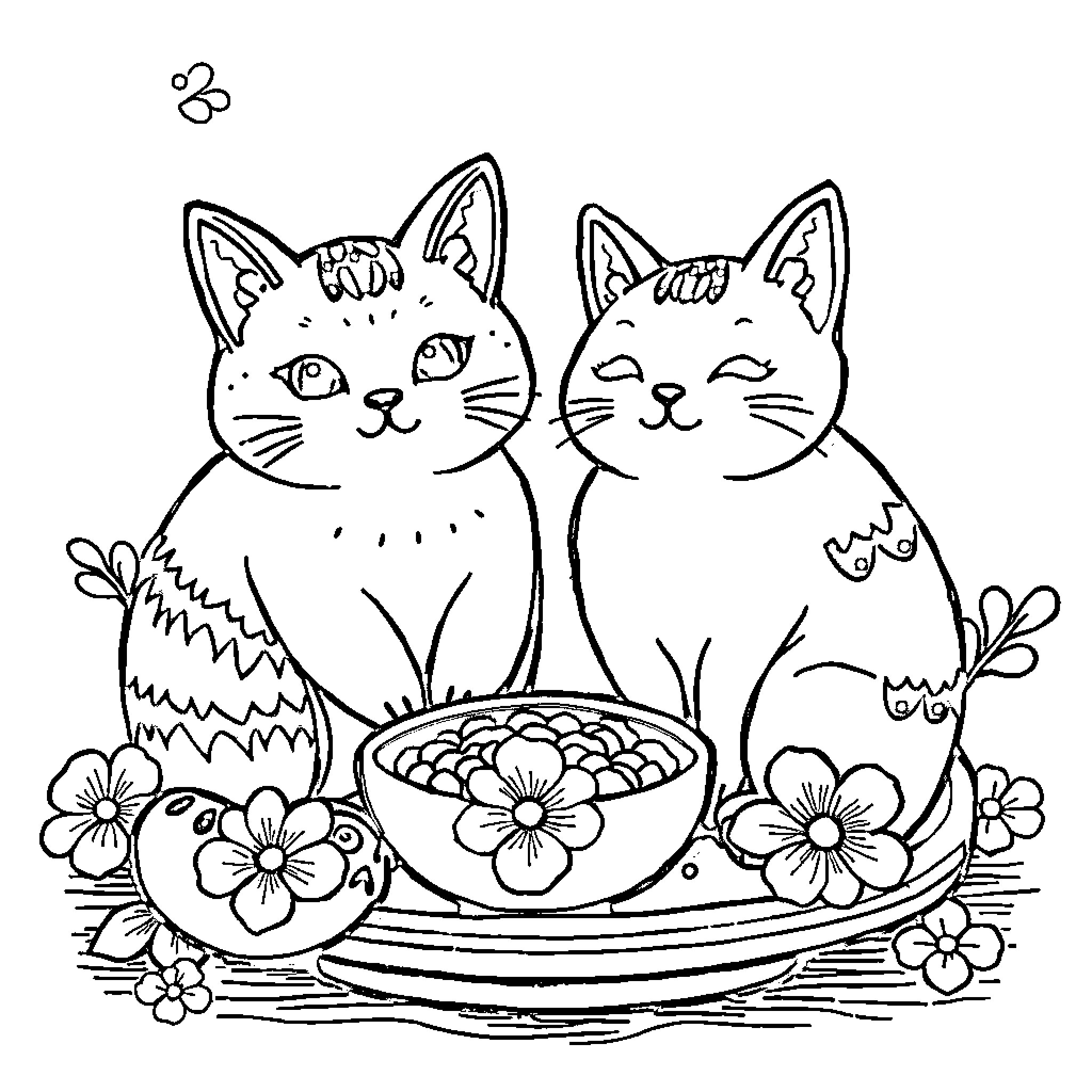 Japanese Things: Cats with Flowers Coloring Page (free black-and-white line drawing printable PDF for all, from beginners to advanced learners, including children, teens, adults, and seniors)