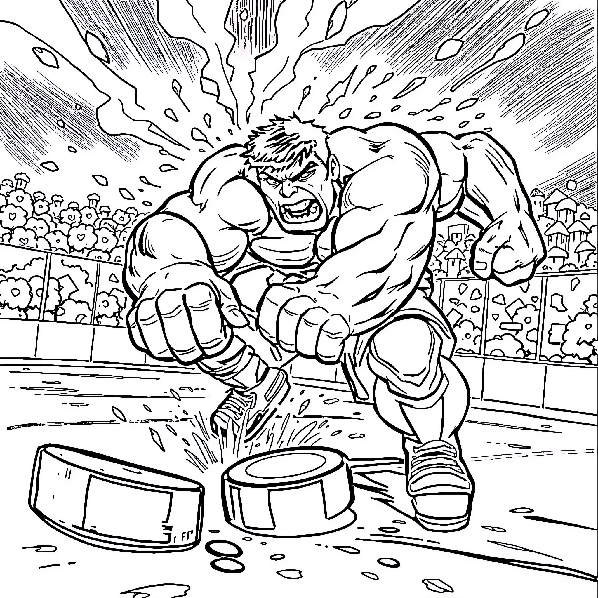Hulk unleashing powerful punch on the battlefield Coloring Page (free black-and-white line drawing printable PDF for all, from beginners to advanced learners, including children, teens, adults, and seniors)