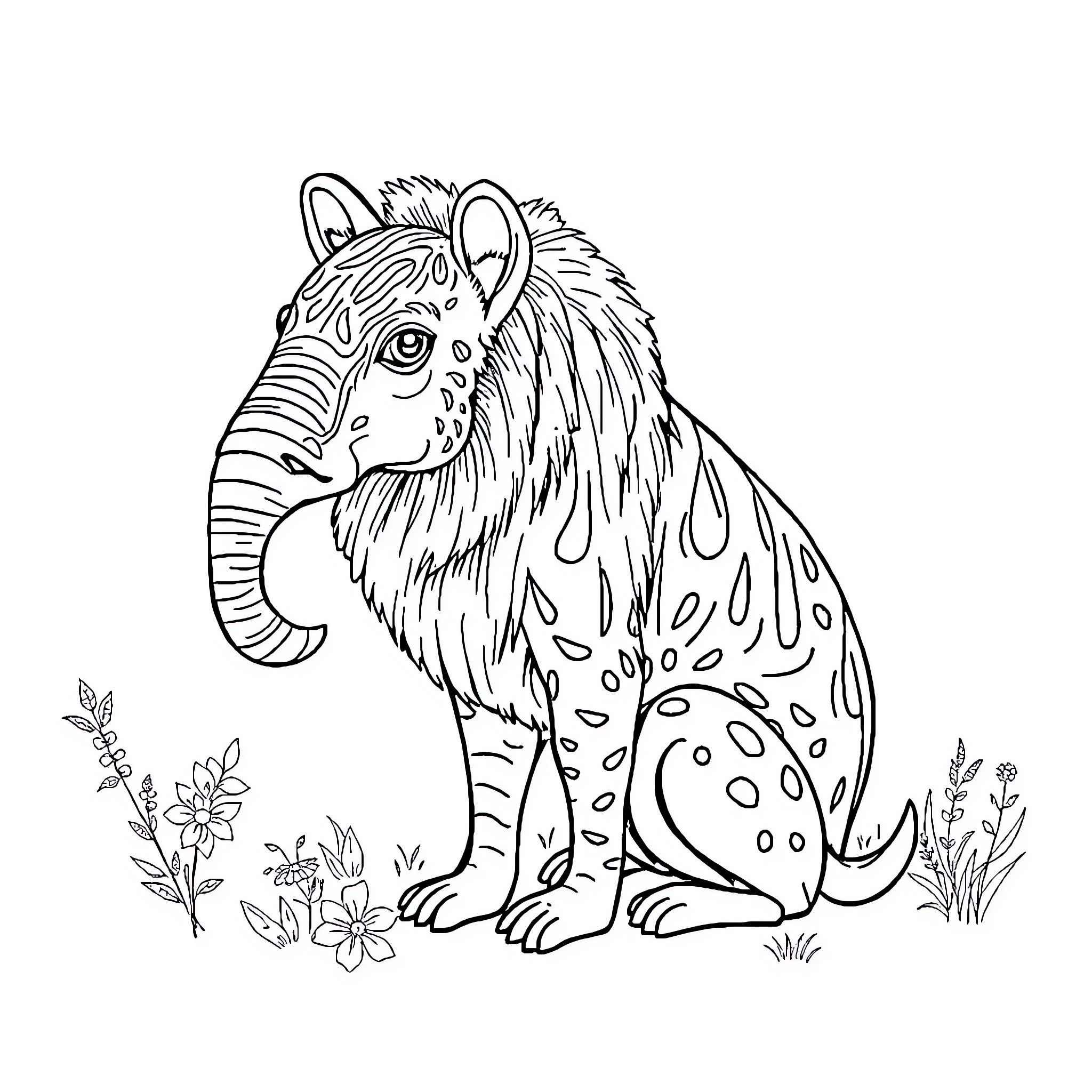 Animal sitting in the grass surrounded by flowers Coloring Page (free black-and-white line drawing printable PDF for all, from beginners to advanced learners, including children, teens, adults, and seniors)