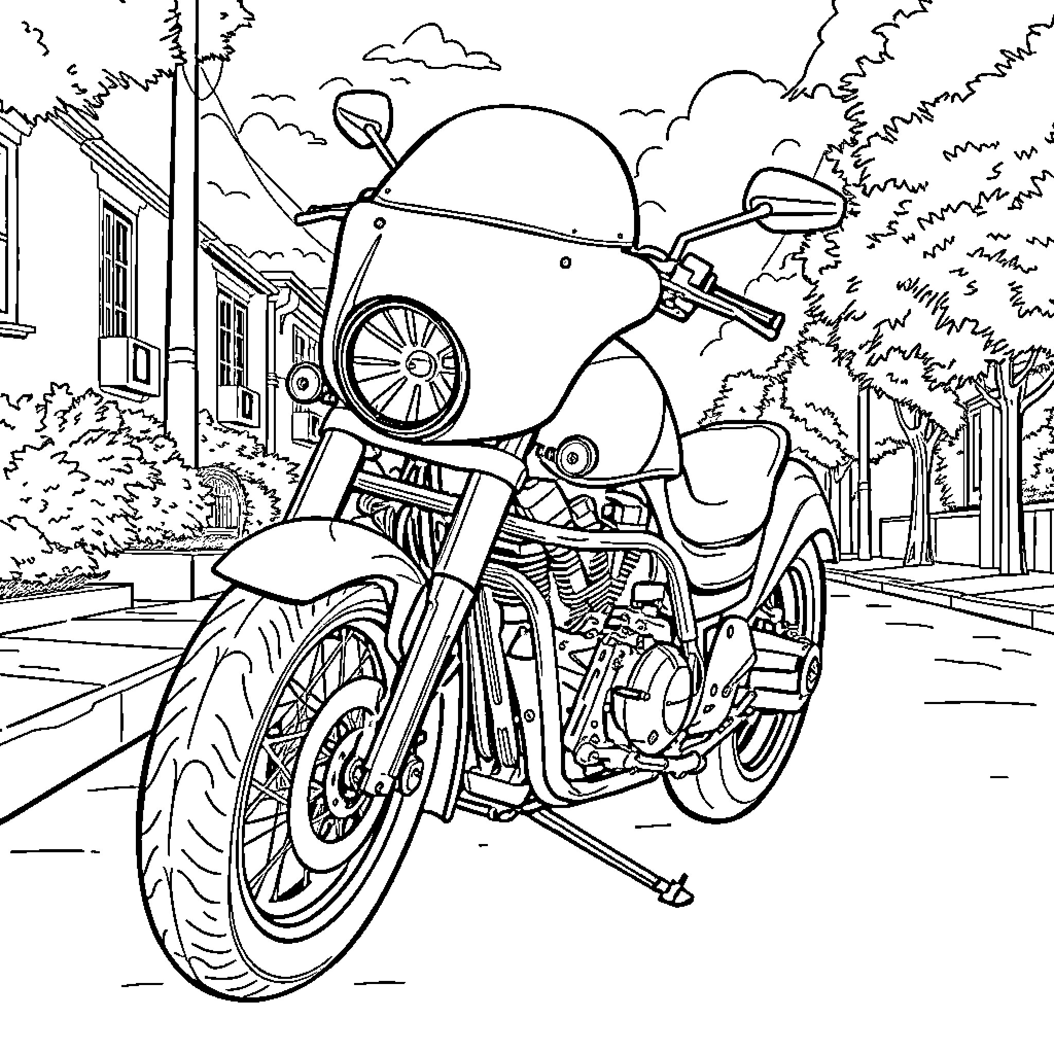 Moto rider on city street Coloring Page (free black-and-white line drawing printable PDF for all, from beginners to advanced learners, including children, teens, adults, and seniors)