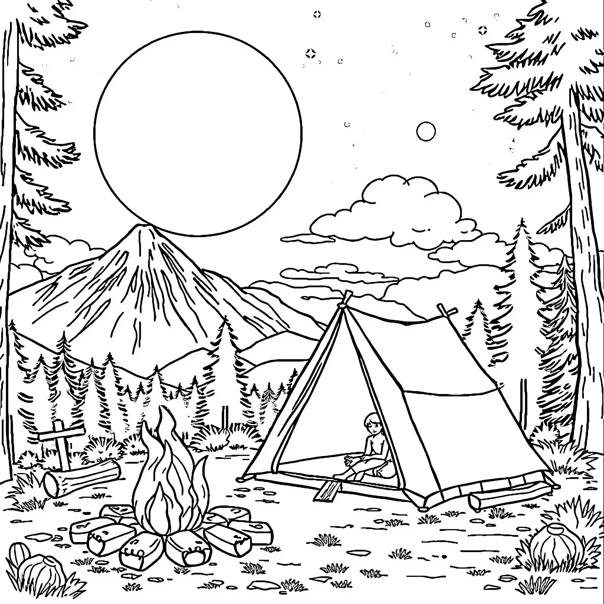 Camping in the serene mountain landscape Coloring Page (free black-and-white line drawing printable PDF for all, from beginners to advanced learners, including children, teens, adults, and seniors)