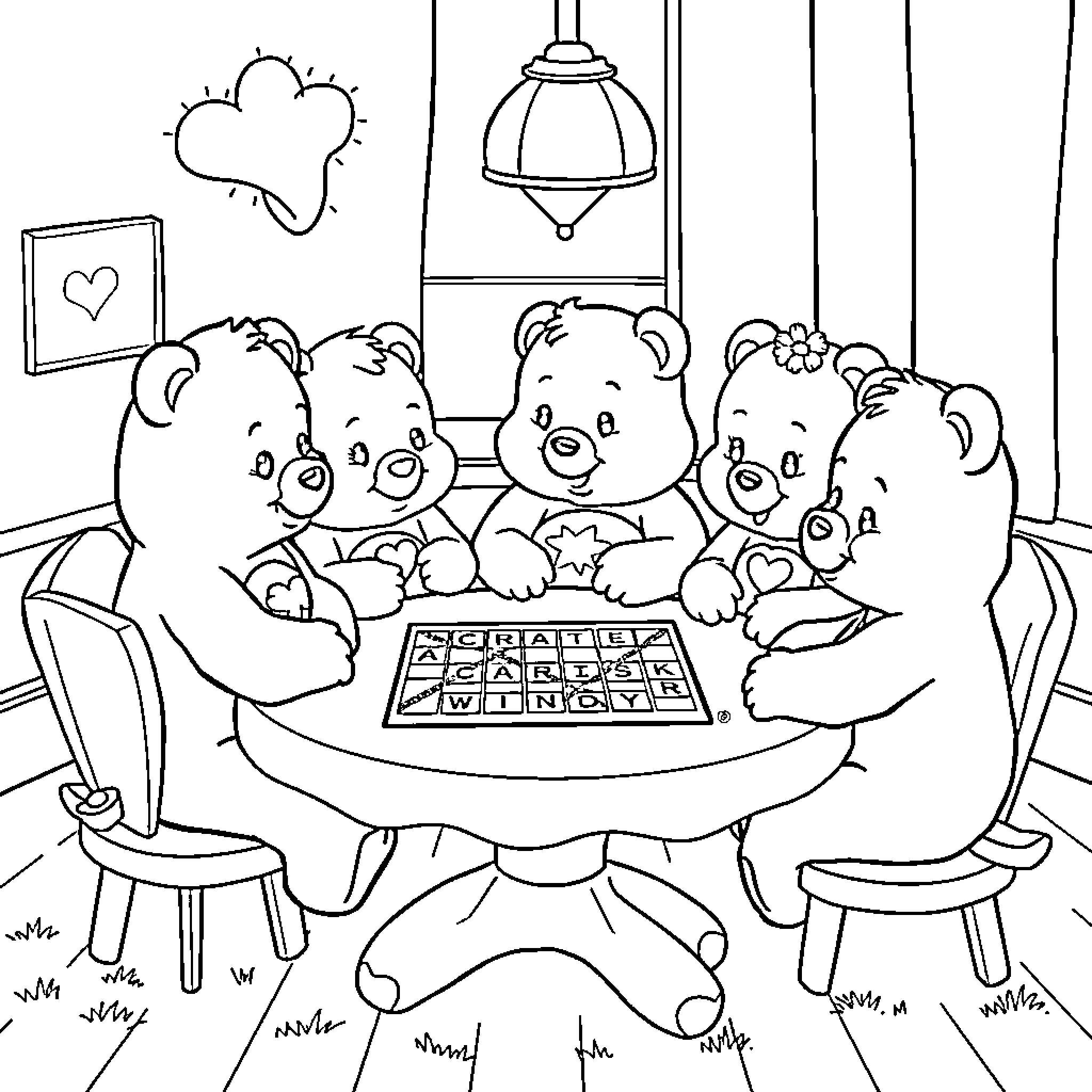 Care Bear family enjoying a game together Coloring Page (free black-and-white line drawing printable PDF for all, from beginners to advanced learners, including children, teens, adults, and seniors)