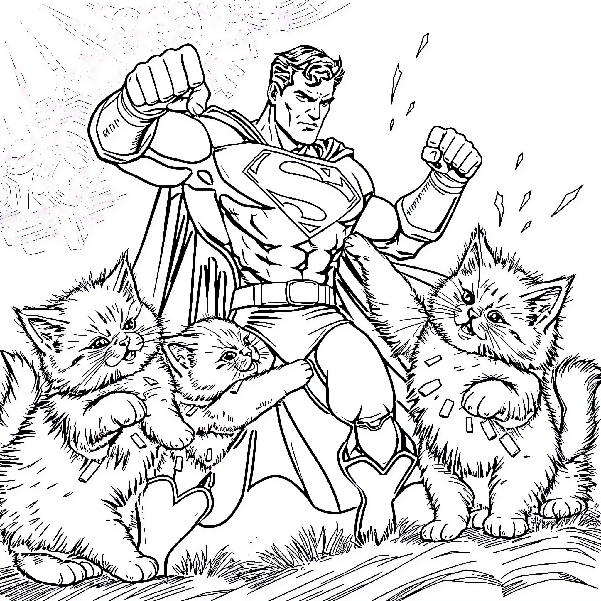 Superman rescuing kittens from danger Coloring Page (free black-and-white line drawing printable PDF for all, from beginners to advanced learners, including children, teens, adults, and seniors)