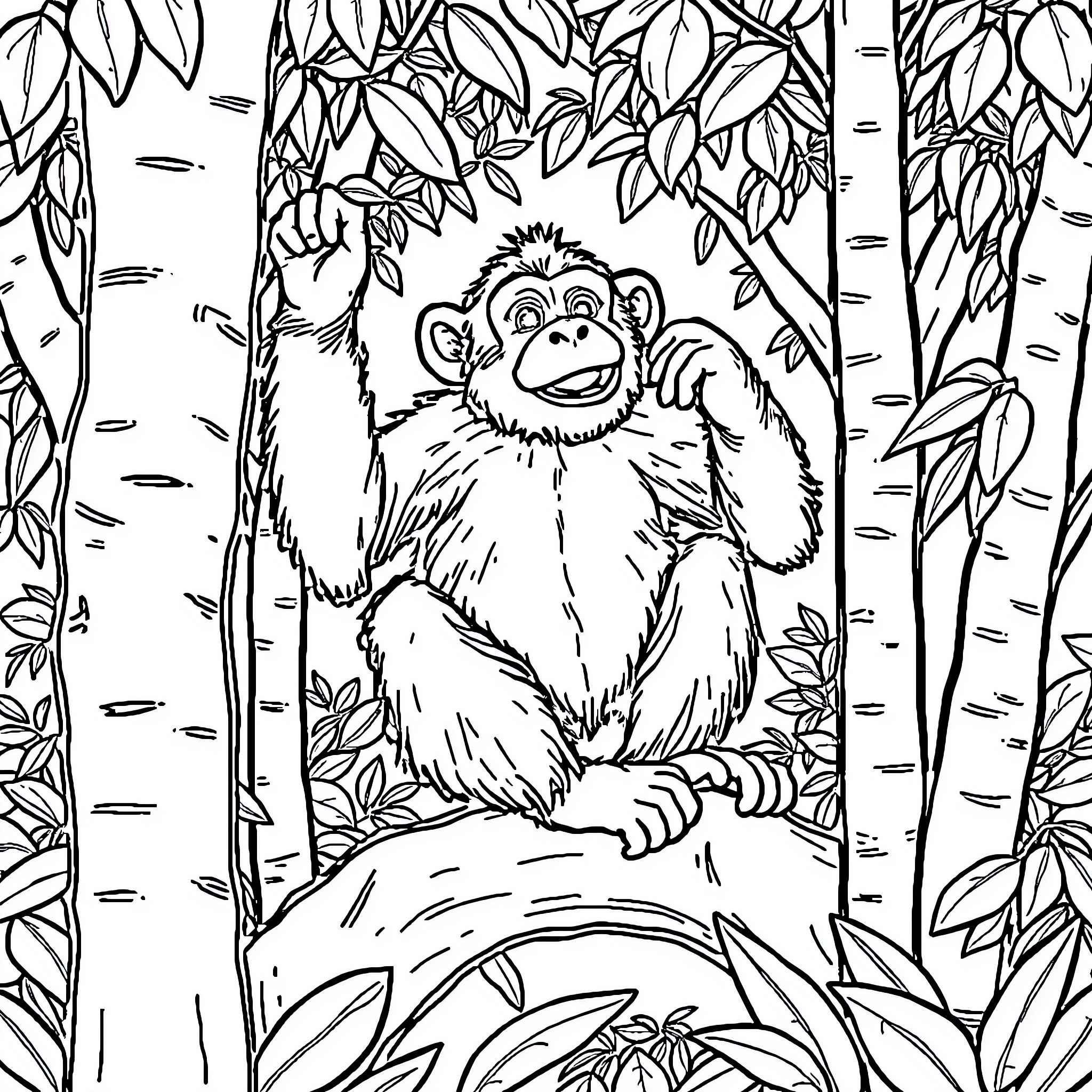 Monkey exploring lush forest surroundings Coloring Page (free black-and-white line drawing printable PDF for all, from beginners to advanced learners, including children, teens, adults, and seniors)
