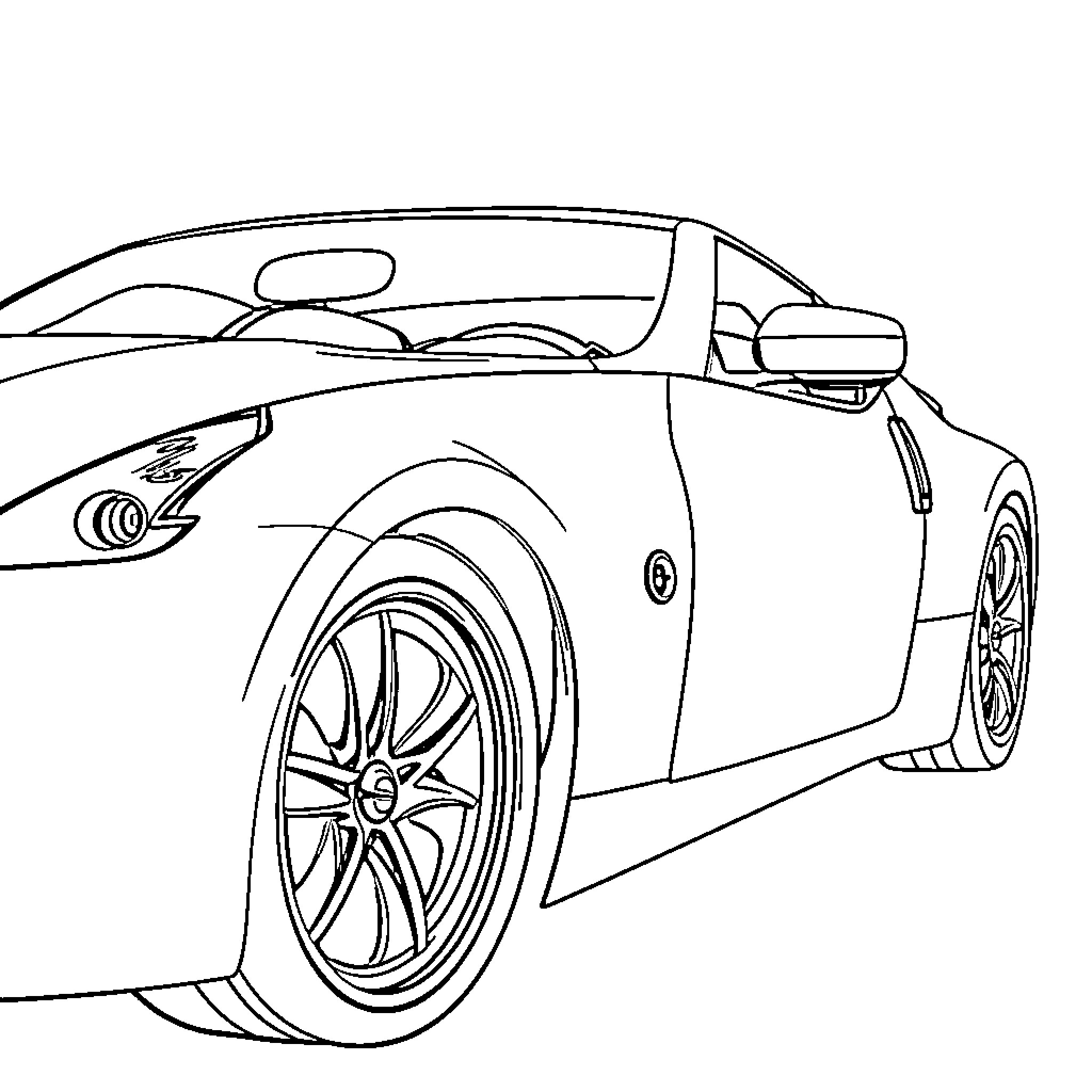 Nissan 370z sports car in motion Coloring Page (free black-and-white line drawing printable PDF for all, from beginners to advanced learners, including children, teens, adults, and seniors)