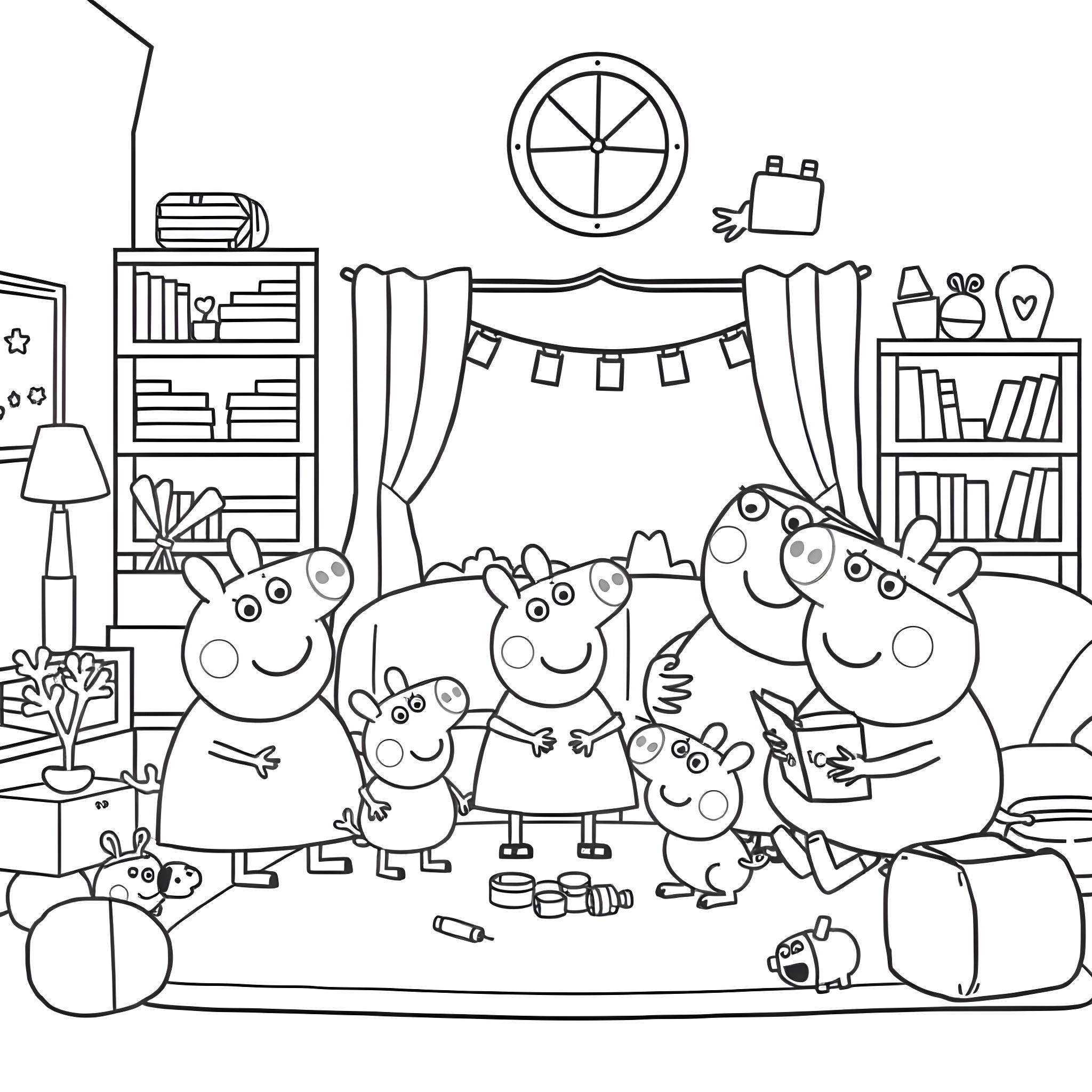 Peppa Pig family having fun in the living room Coloring Page (free black-and-white line drawing printable PDF for all, from beginners to advanced learners, including children, teens, adults, and seniors)
