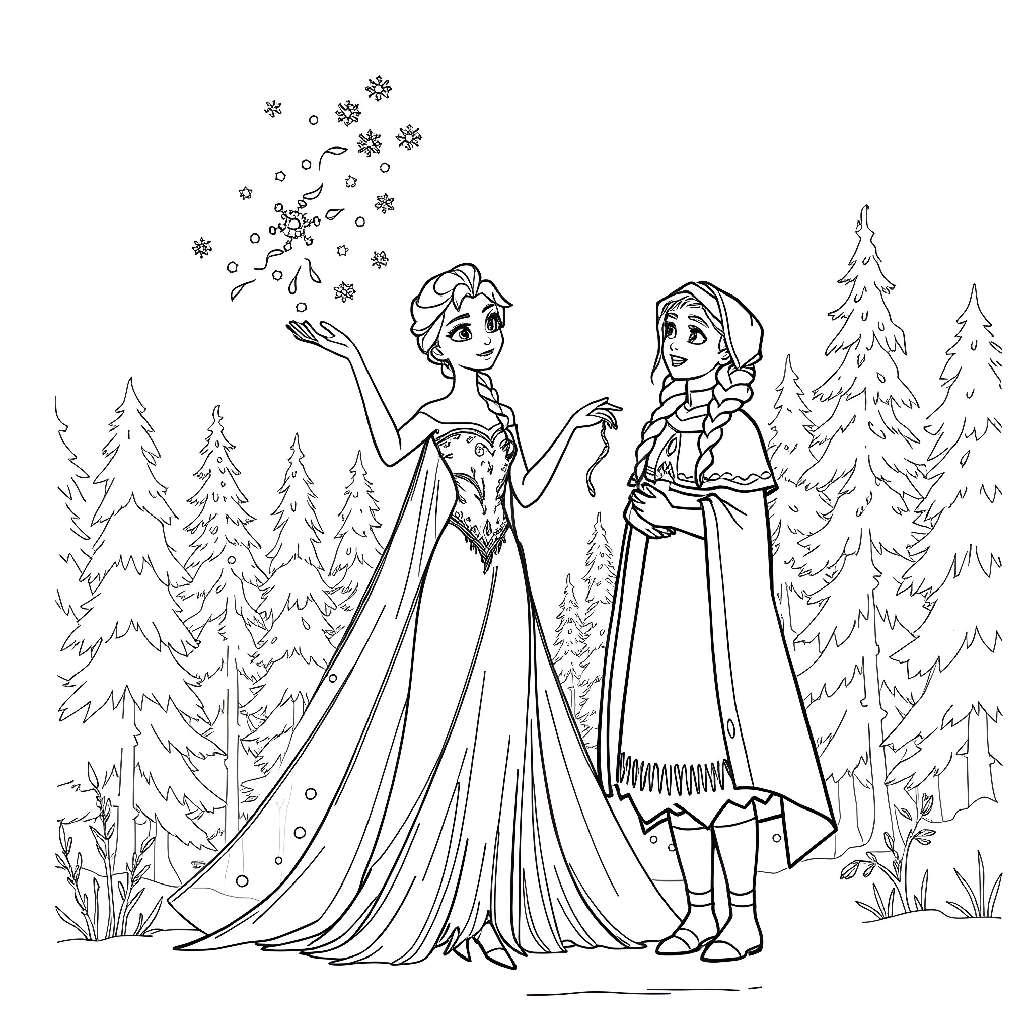 Elsa and Anna in Winter Wonderland Coloring Page (free black-and-white line drawing printable PDF for all, from beginners to advanced learners, including children, teens, adults, and seniors)