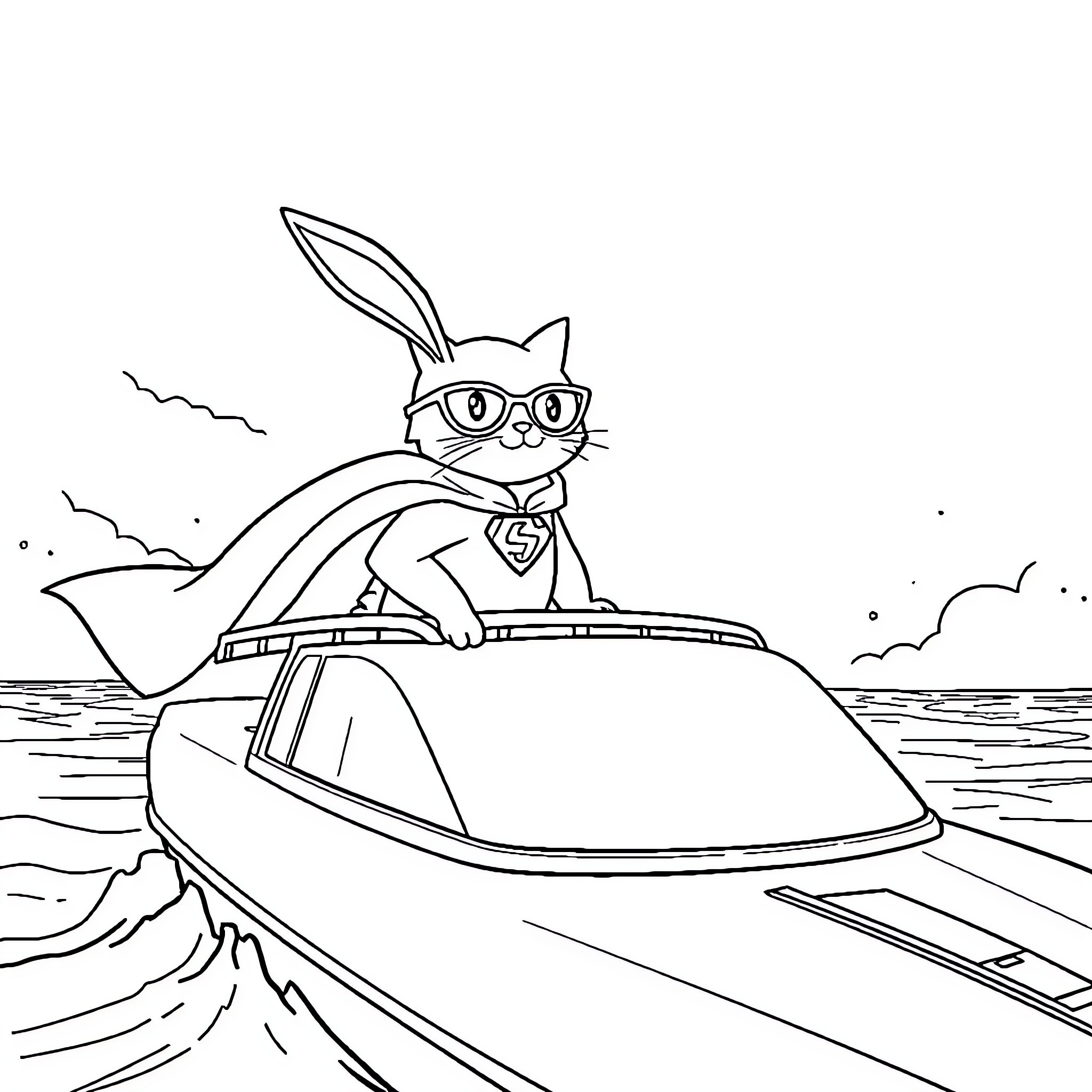 Super Cat zipping across the waves on a speedboat Coloring Page (free black-and-white line drawing printable PDF for all, from beginners to advanced learners, including children, teens, adults, and seniors)