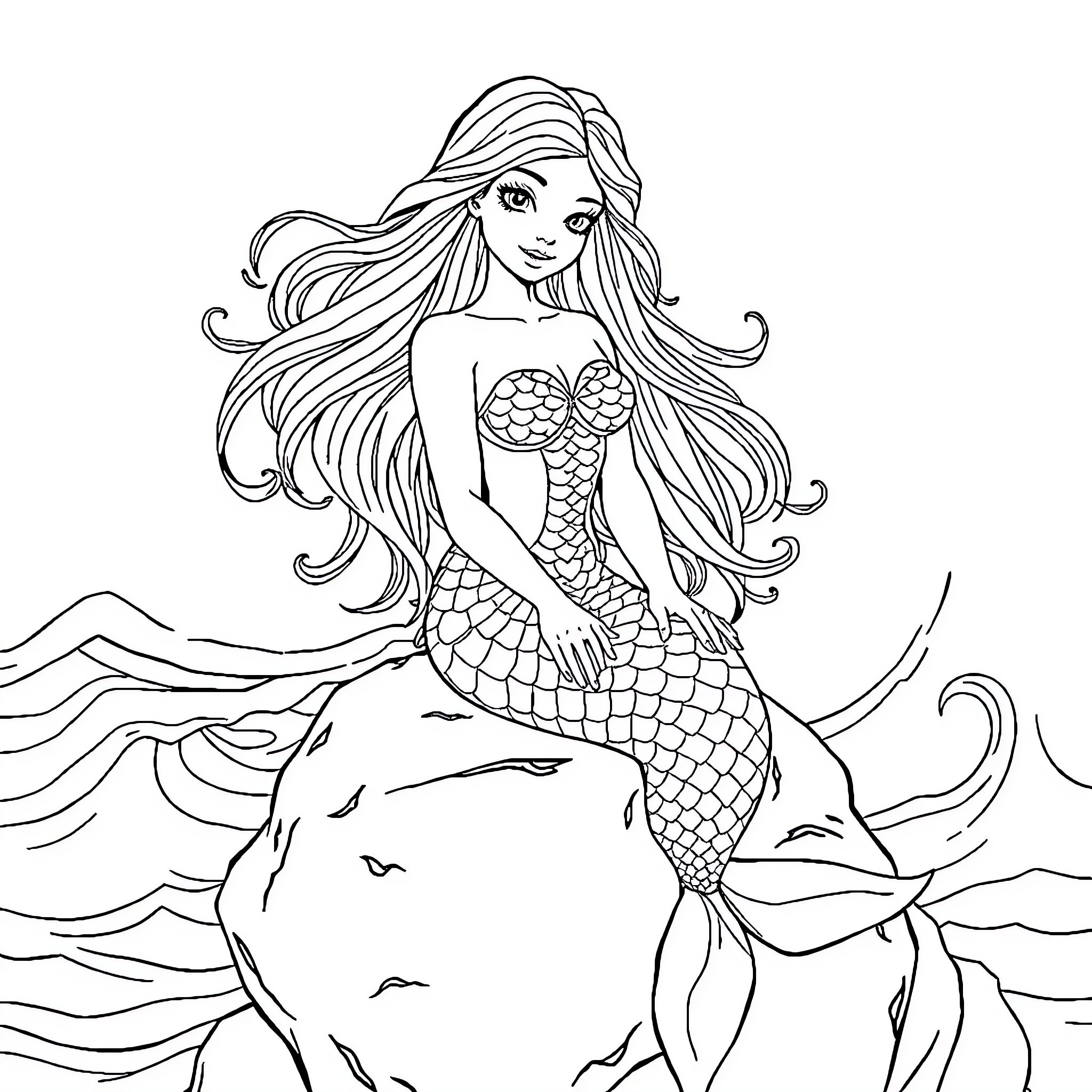 Mermaid with flowing hair swimming in the ocean Coloring Page (free black-and-white line drawing printable PDF for all, from beginners to advanced learners, including children, teens, adults, and seniors)