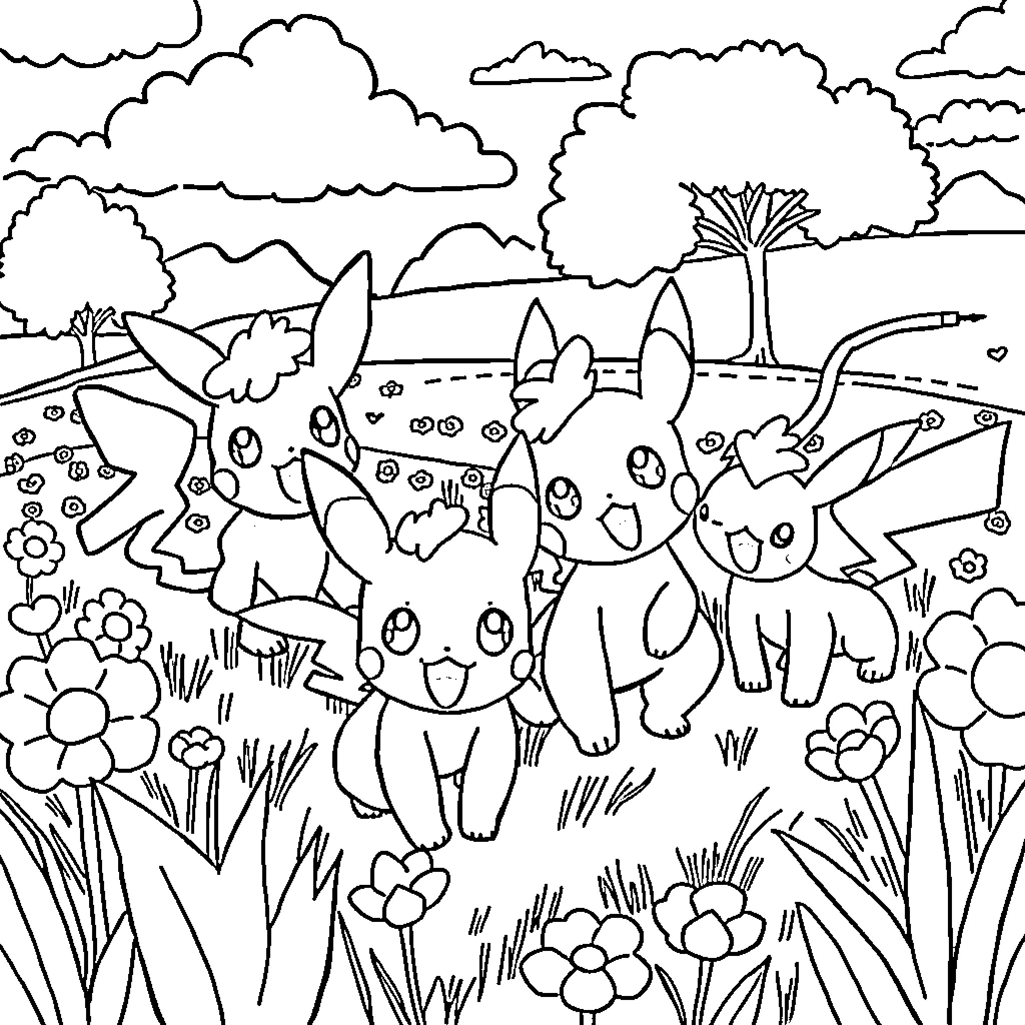 Pokémon playing happily in a field of flowers Coloring Page (free black-and-white line drawing printable PDF for all, from beginners to advanced learners, including children, teens, adults, and seniors)