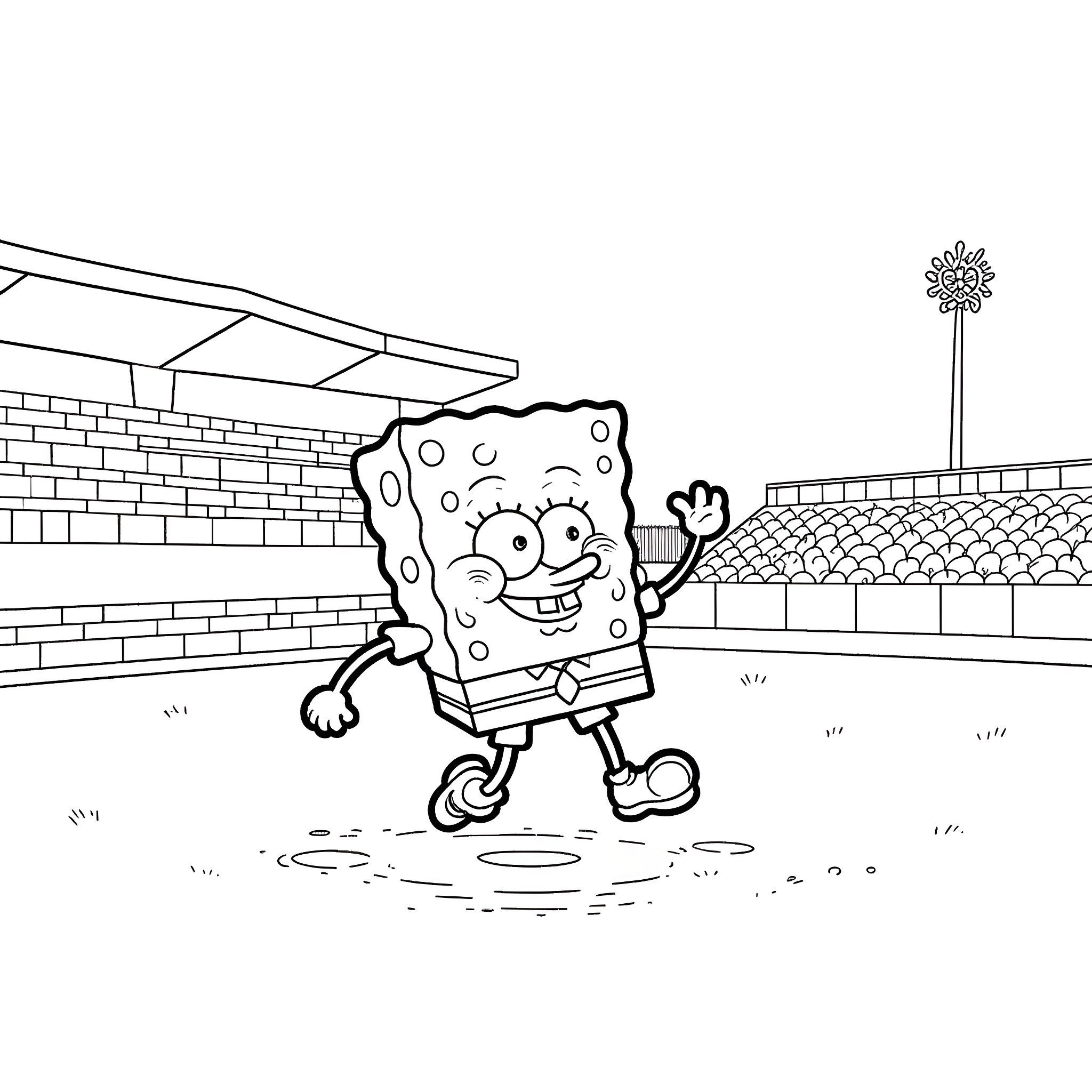 Spongebob happily walking in the neighborhood Coloring Page (free black-and-white line drawing printable PDF for all, from beginners to advanced learners, including children, teens, adults, and seniors)