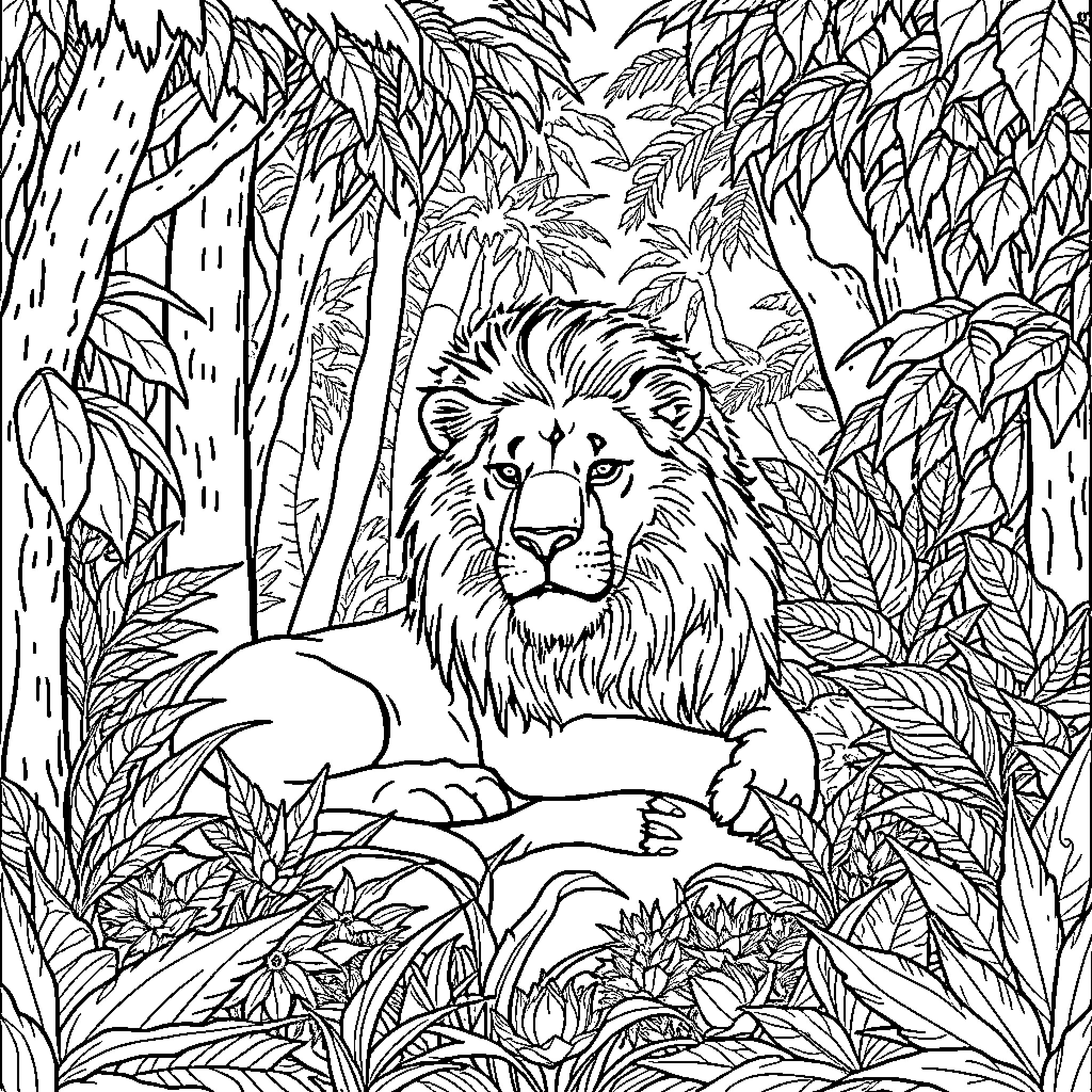 Lion resting in the jungle foliage Coloring Page (free black-and-white line drawing printable PDF for all, from beginners to advanced learners, including children, teens, adults, and seniors)