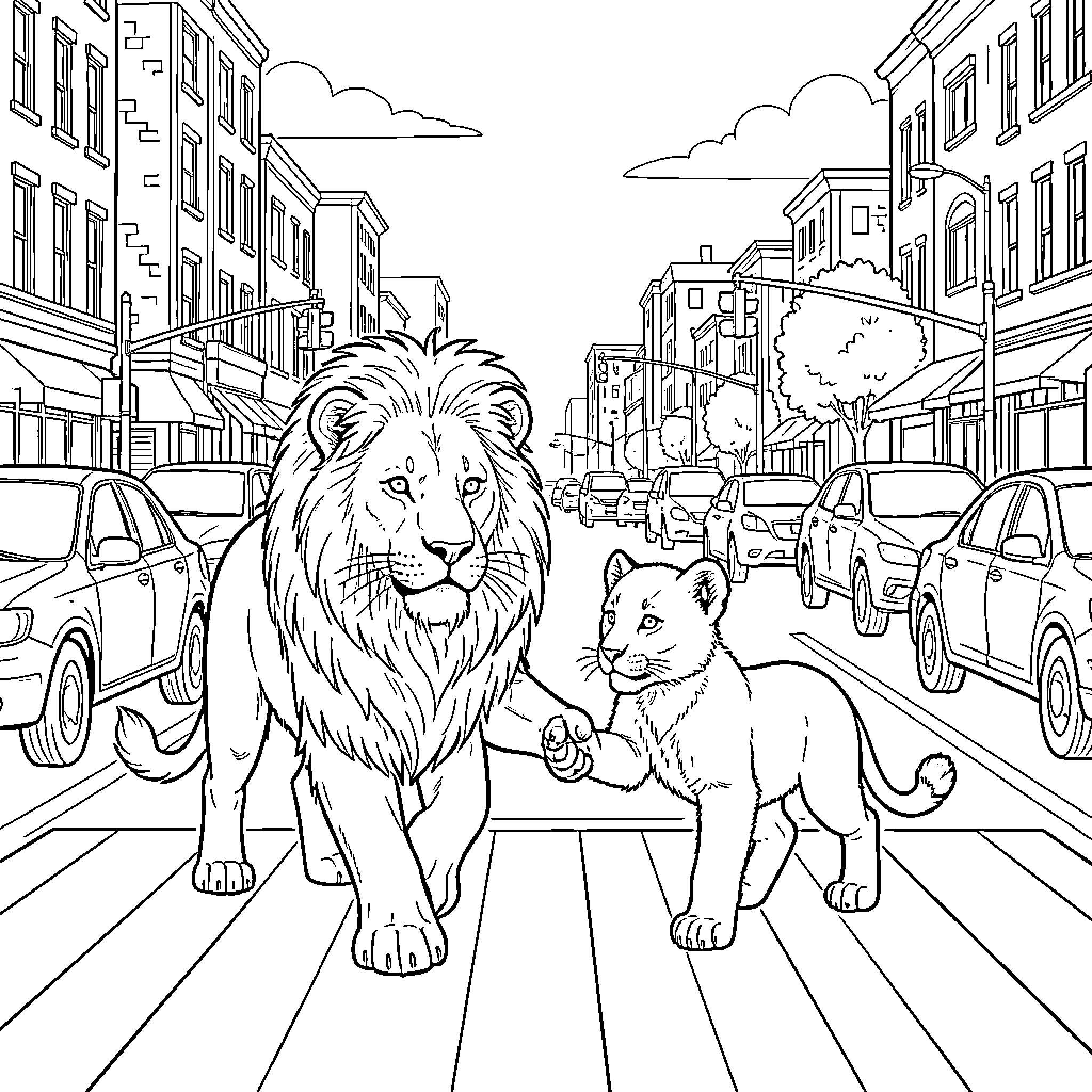 Lion and cub walking through a busy city street Coloring Page (free black-and-white line drawing printable PDF for all, from beginners to advanced learners, including children, teens, adults, and seniors)
