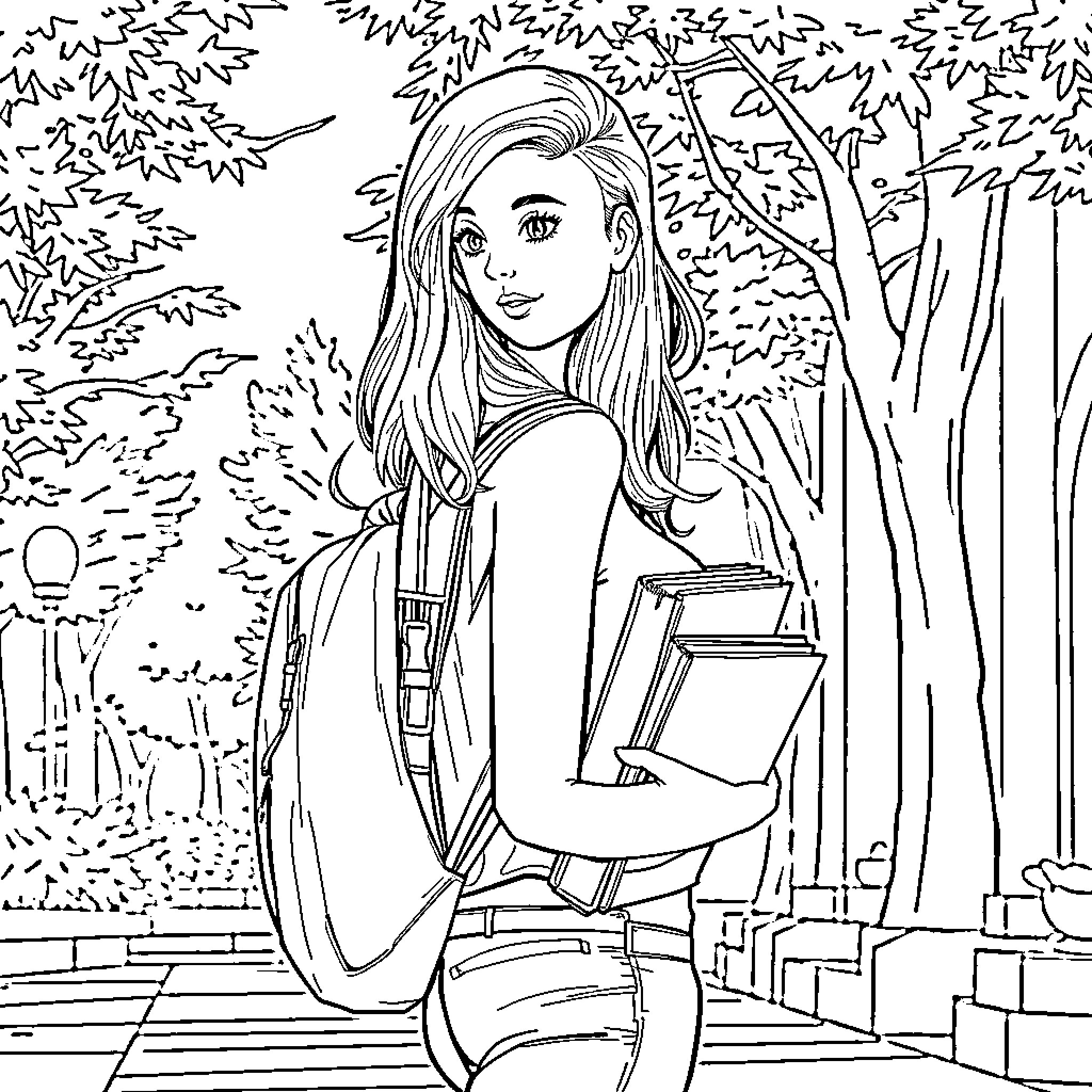 Girl exploring the outdoors with her books Coloring Page (free black-and-white line drawing printable PDF for all, from beginners to advanced learners, including children, teens, adults, and seniors)