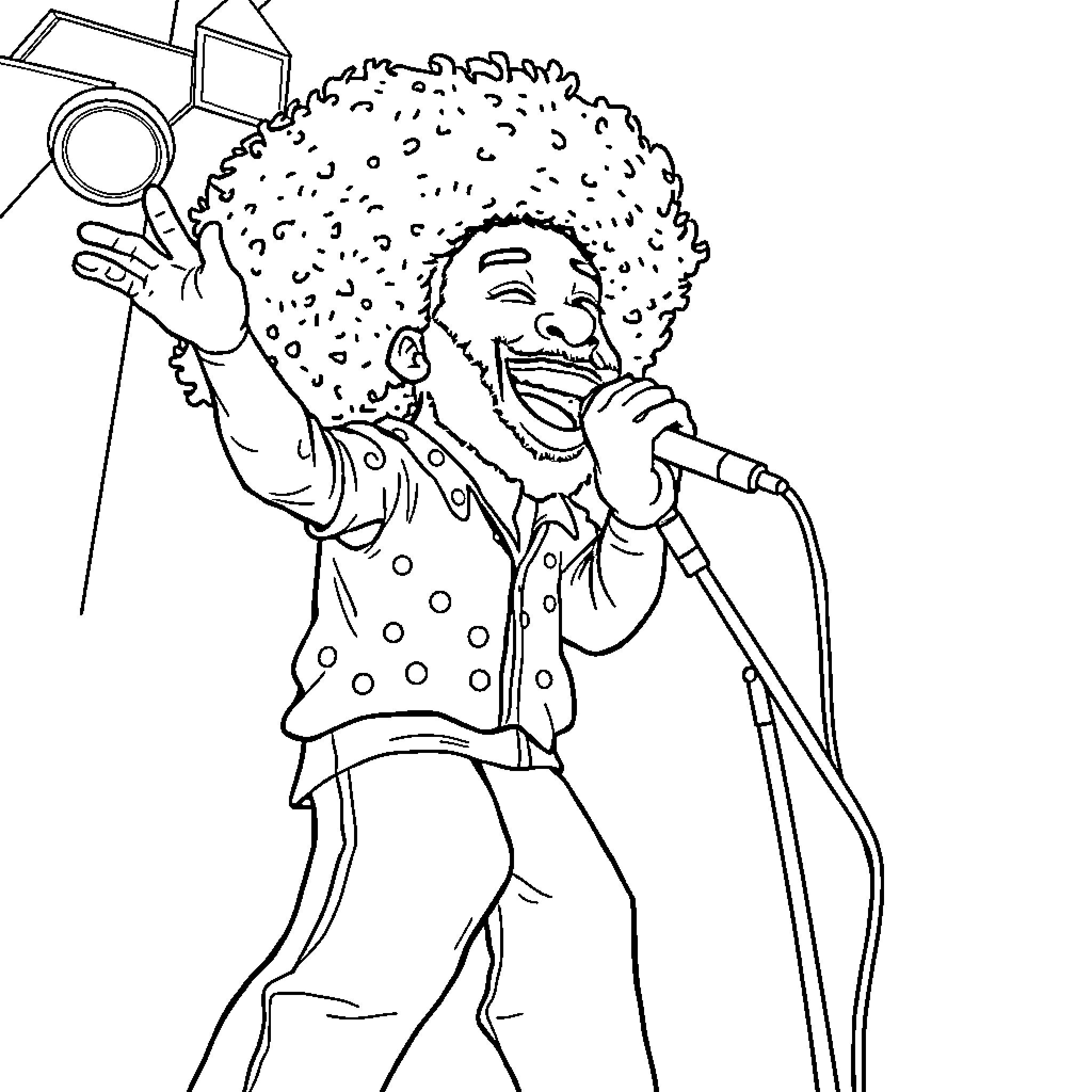 Afroman performing on stage with enthusiasm Coloring Page (free black-and-white line drawing printable PDF for all, from beginners to advanced learners, including children, teens, adults, and seniors)