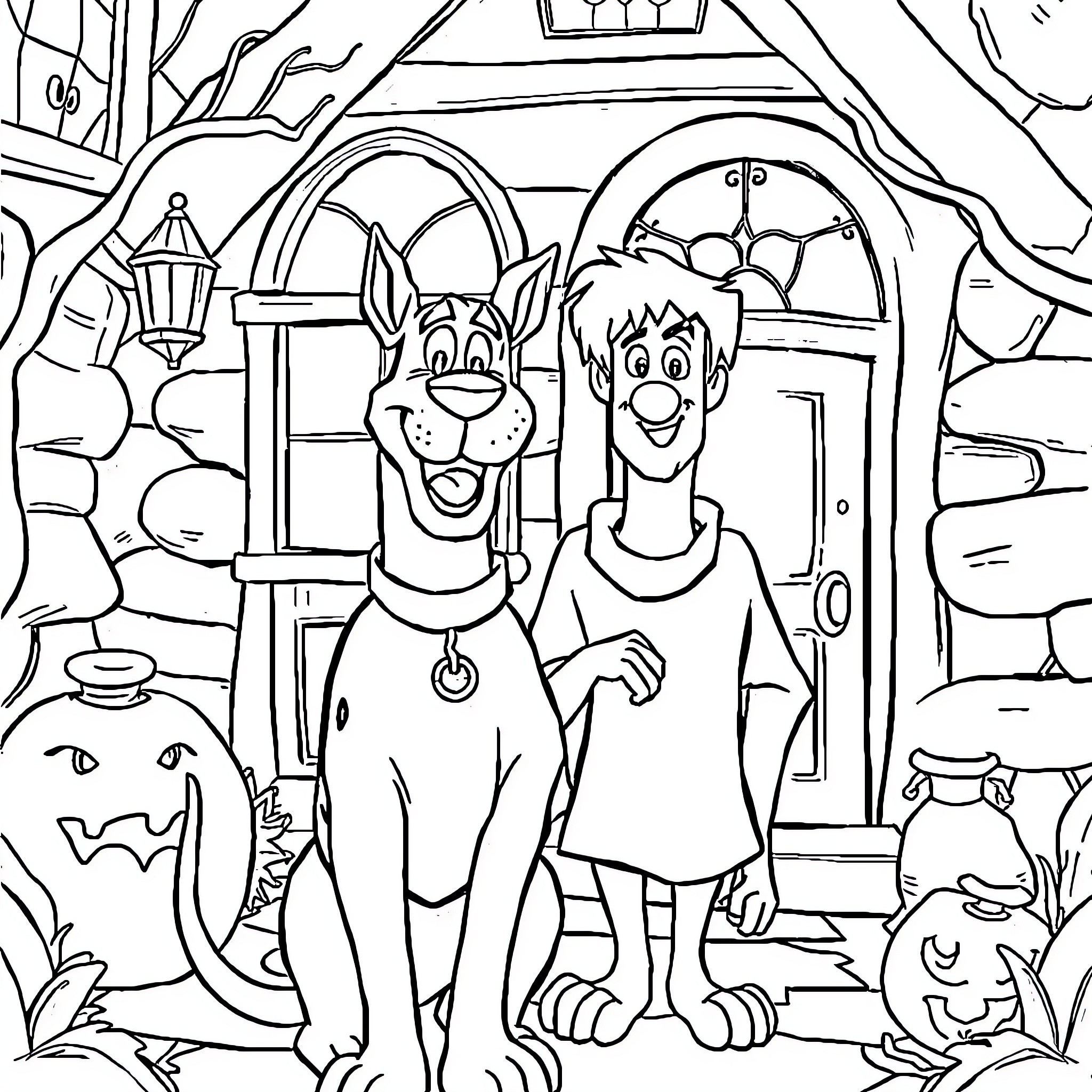 Scooby Doo and Friends Explore a Spooky Haunted House Coloring Page (free black-and-white line drawing printable PDF for all, from beginners to advanced learners, including children, teens, adults, and seniors)