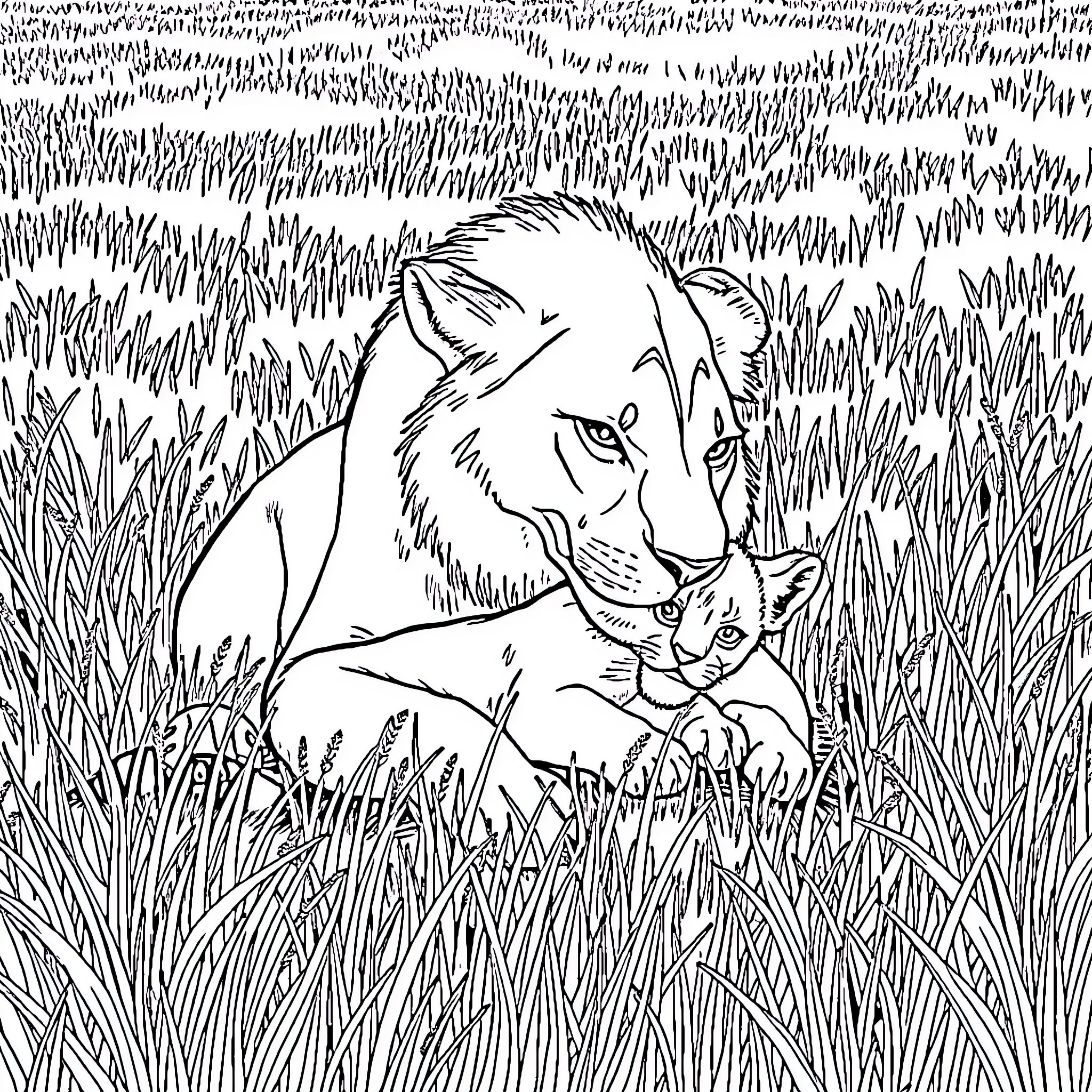 Lioness cares for her cub in the tall grass Coloring Page (free black-and-white line drawing printable PDF for all, from beginners to advanced learners, including children, teens, adults, and seniors)