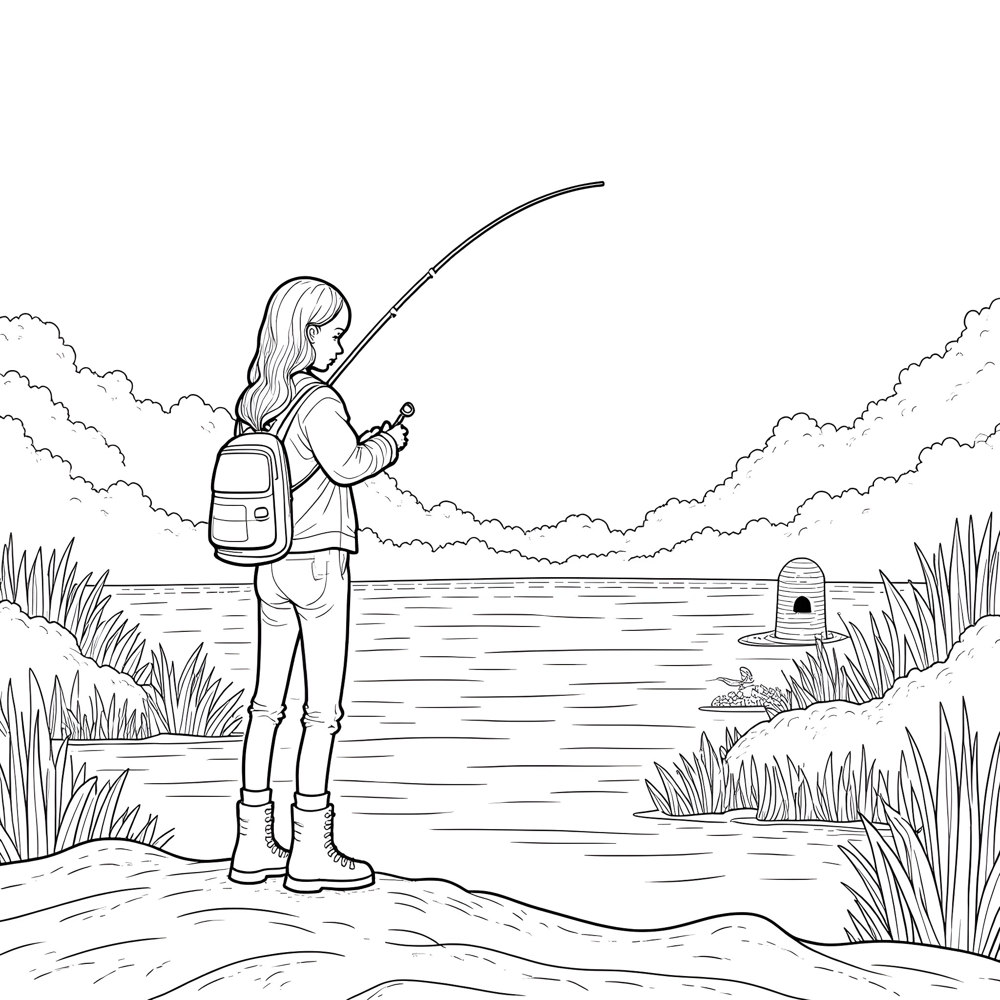 Girl fishing by the lake Coloring Page (free black-and-white line drawing printable PDF for all, from beginners to advanced learners, including children, teens, adults, and seniors)