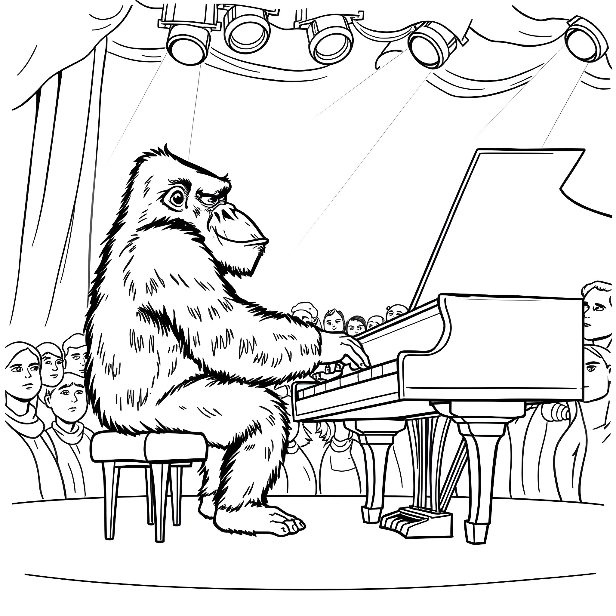 Johnny the Musical Monkey Performs for the Crowd Coloring Page (free black-and-white line drawing printable PDF for all, from beginners to advanced learners, including children, teens, adults, and seniors)