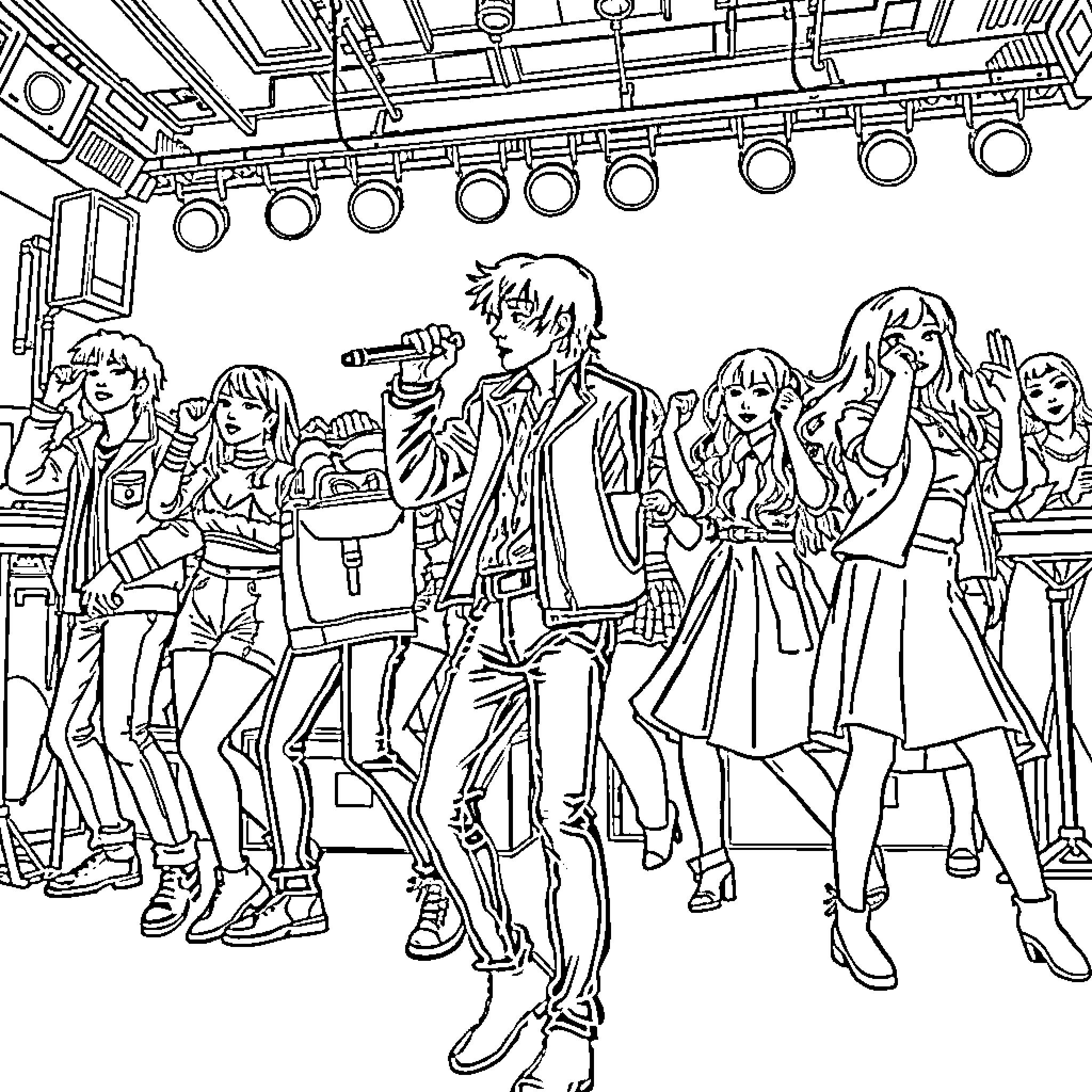 Kpop Performers Singing and Dancing on Stage Coloring Page (free black-and-white line drawing printable PDF for all, from beginners to advanced learners, including children, teens, adults, and seniors)