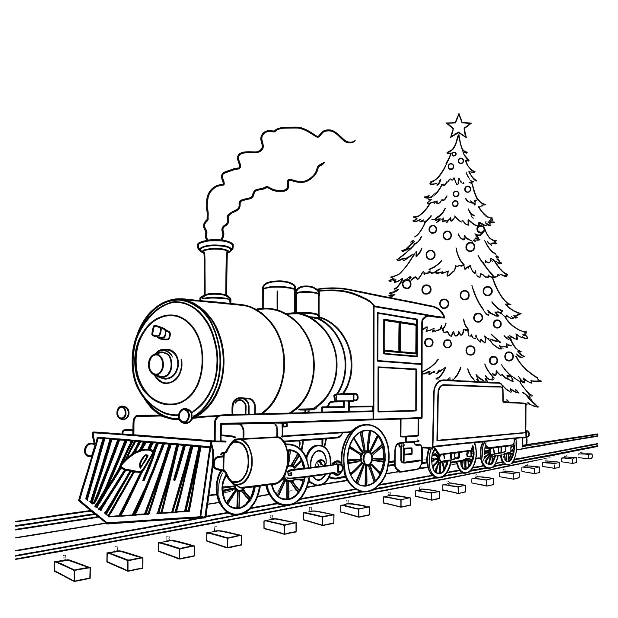 Train chugging with Christmas tree on tracks Coloring Page (free black-and-white line drawing printable PDF for all, from beginners to advanced learners, including children, teens, adults, and seniors)