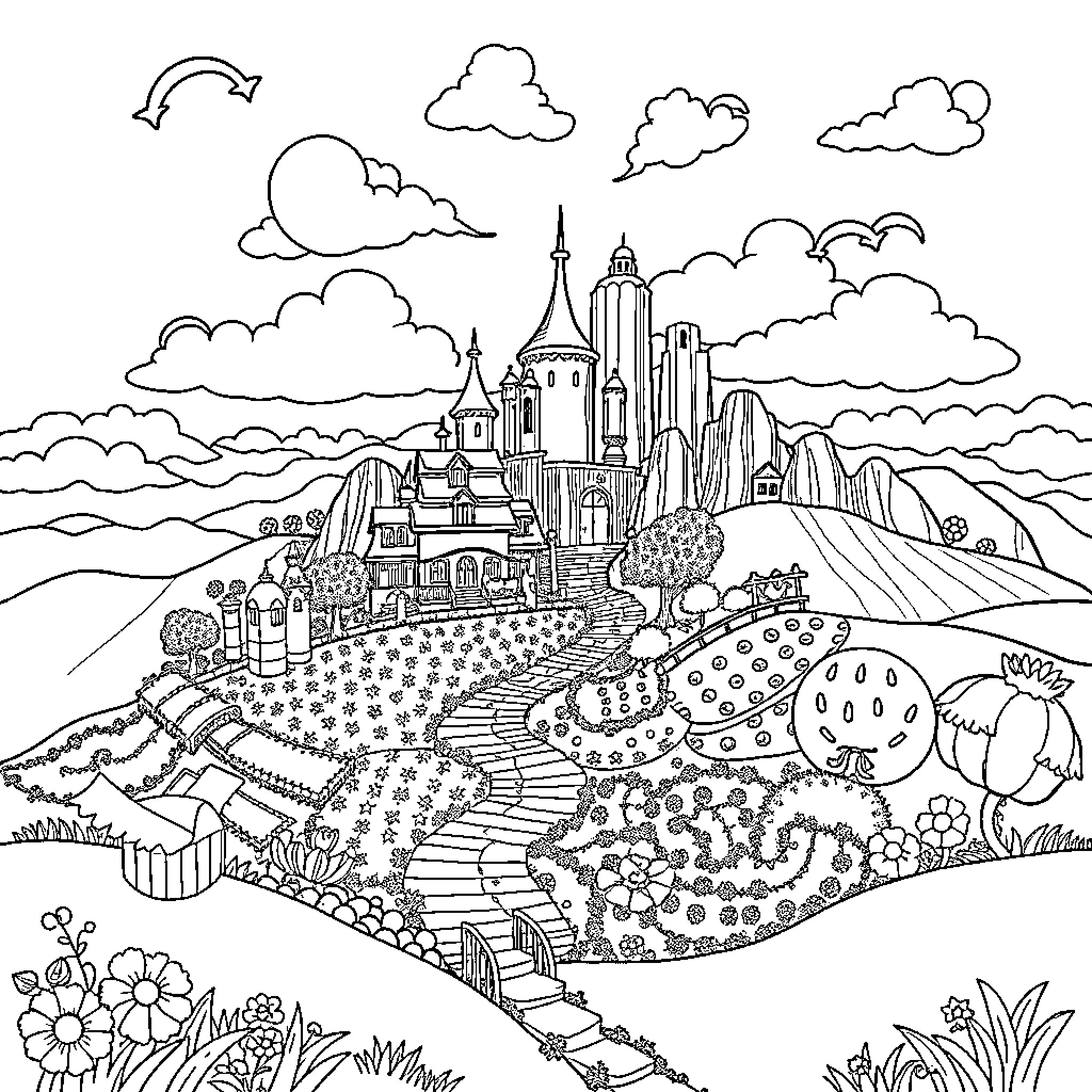 Wizard's Enchanting Realm: A Fantastical Landscape Coloring Page (free black-and-white line drawing printable PDF for all, from beginners to advanced learners, including children, teens, adults, and seniors)