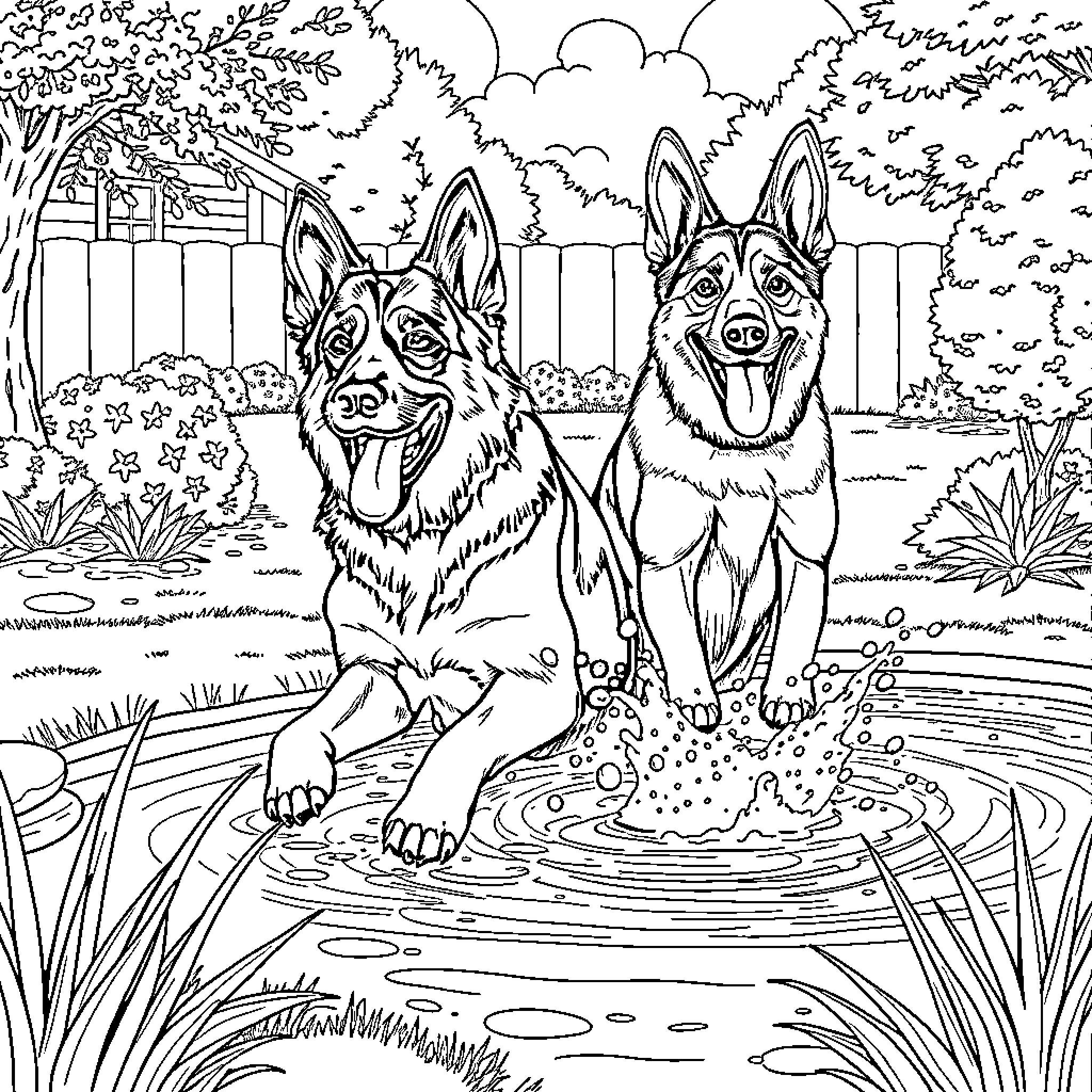 German Shepherd dogs playing joyfully in a garden Coloring Page (free black-and-white line drawing printable PDF for all, from beginners to advanced learners, including children, teens, adults, and seniors)