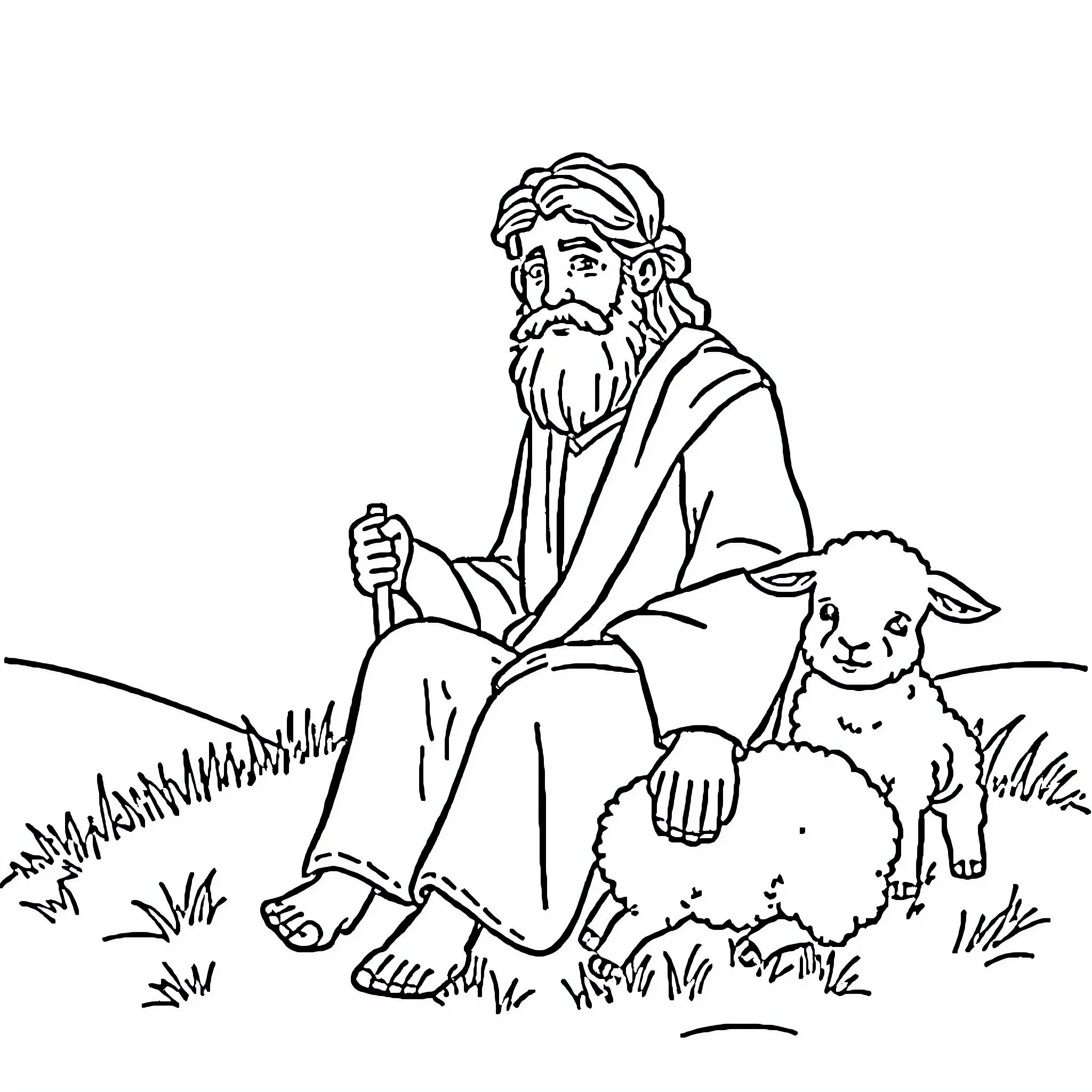 Shepherd resting with his flock in the countryside Coloring Page (free black-and-white line drawing printable PDF for all, from beginners to advanced learners, including children, teens, adults, and seniors)