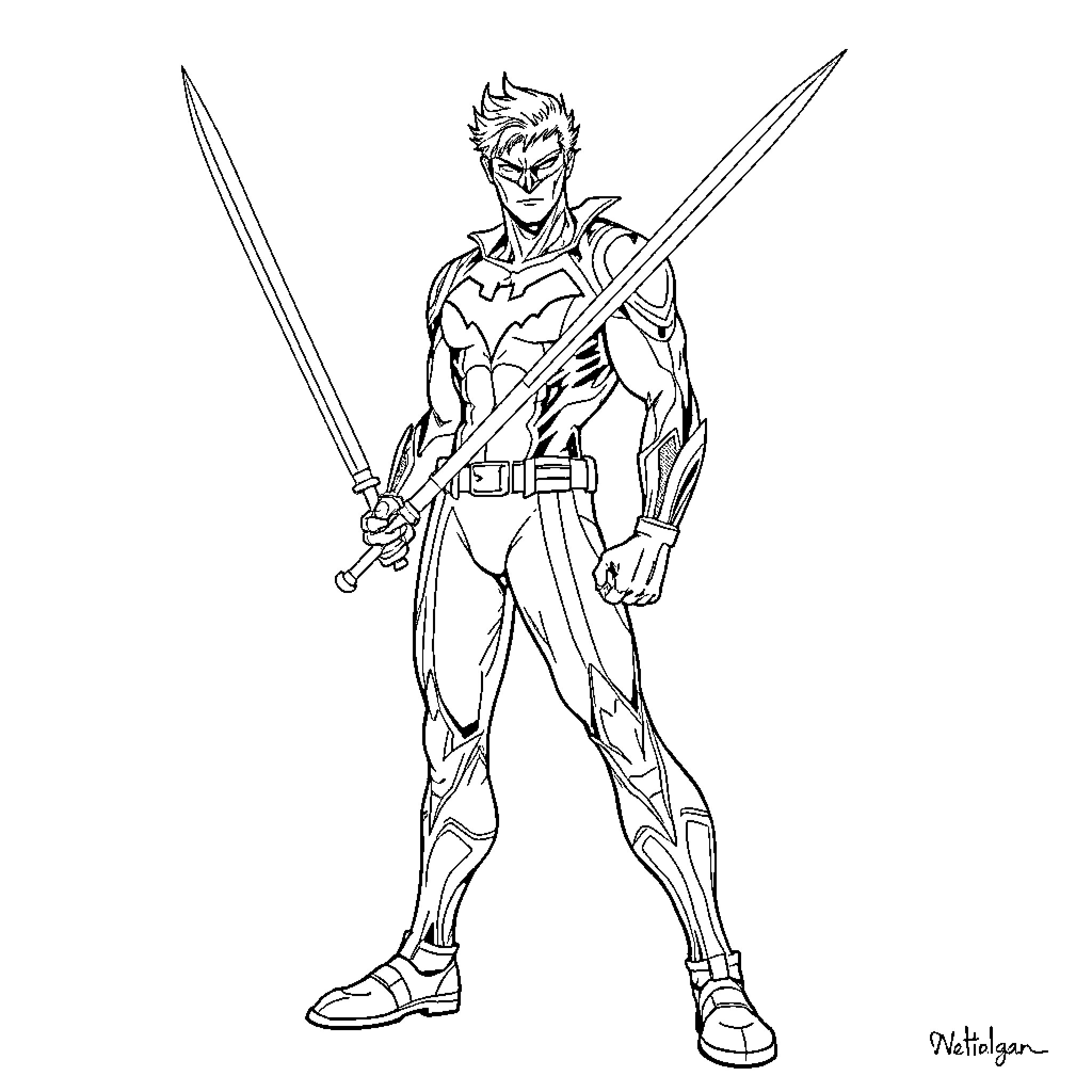 Nightwing wielding blades in heroic stance Coloring Page (free black-and-white line drawing printable PDF for all, from beginners to advanced learners, including children, teens, adults, and seniors)