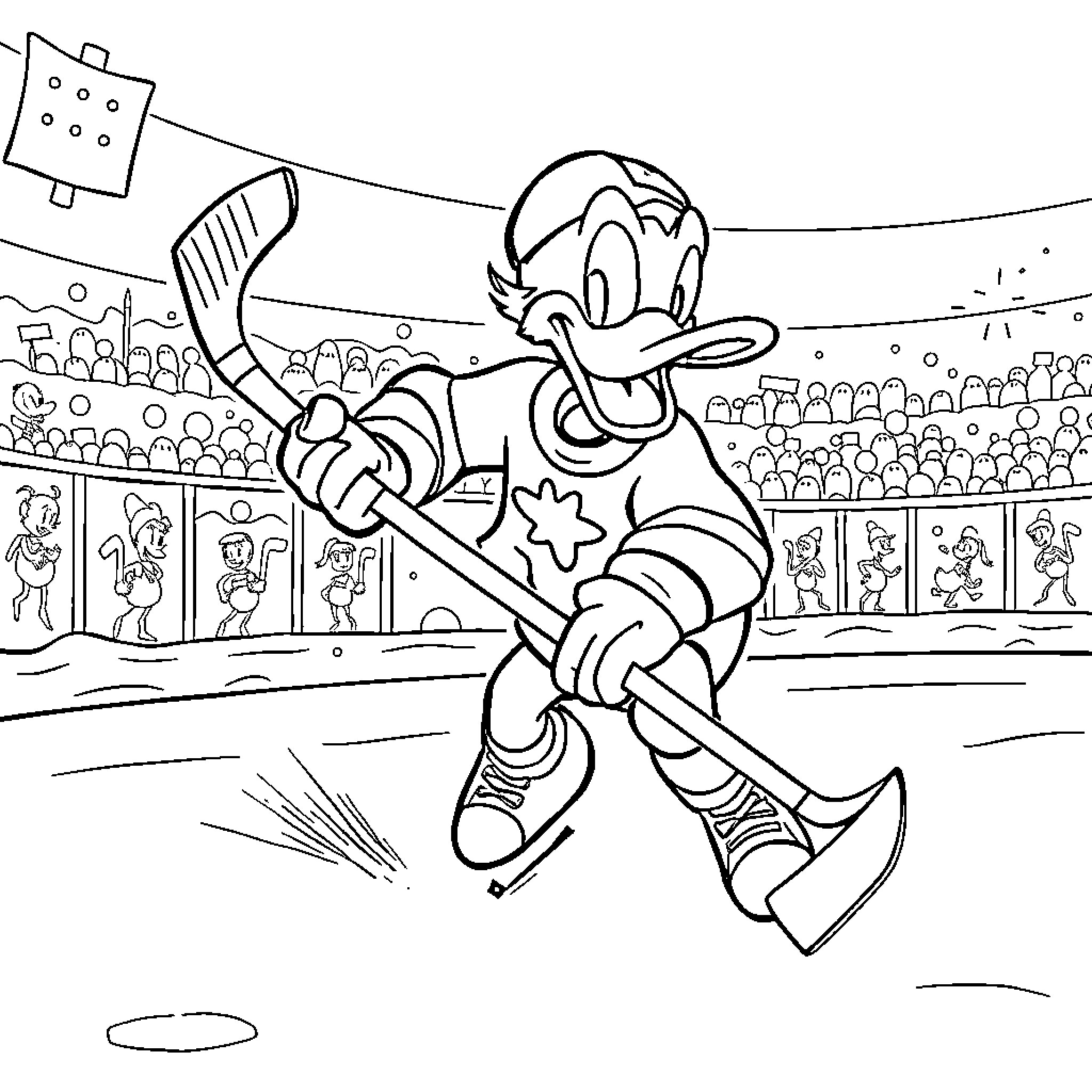 Donald Duck playing hockey in a sports stadium Coloring Page (free black-and-white line drawing printable PDF for all, from beginners to advanced learners, including children, teens, adults, and seniors)