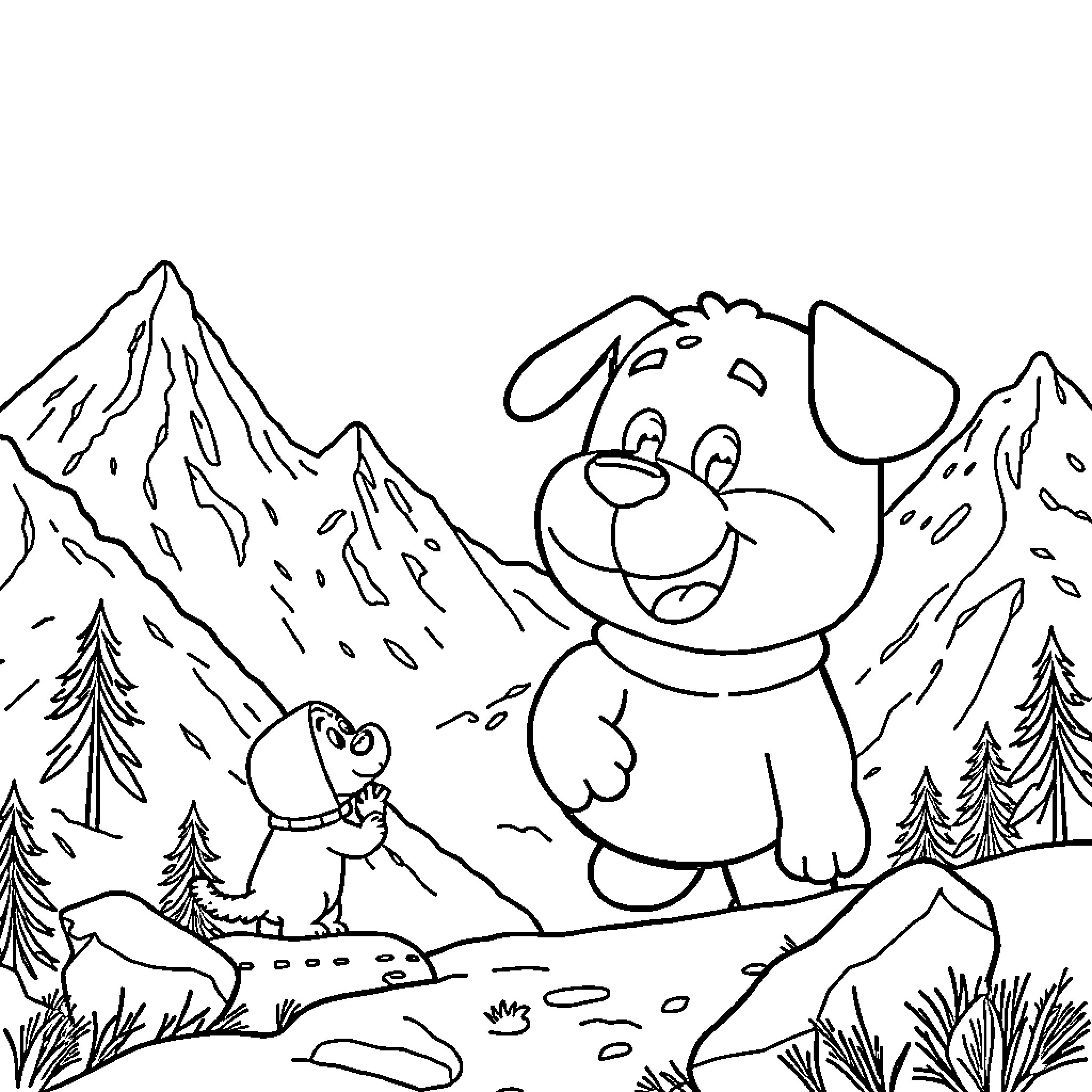 Duggee and his furry friends explore the mountain landscape Coloring Page (free black-and-white line drawing printable PDF for all, from beginners to advanced learners, including children, teens, adults, and seniors)